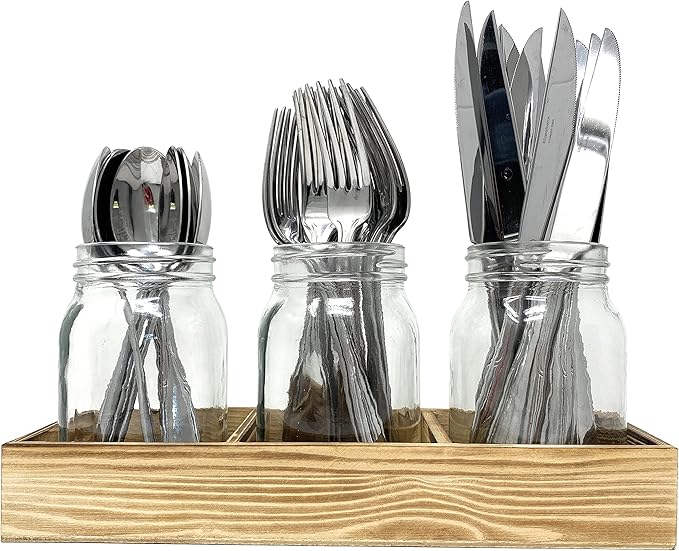 Mason Jar Glass Utensil Holder Silverware Organizer for Spoons, Knives