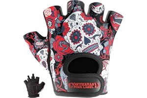 Contraband Pink Label 5237 Womens Designer Workout Gloves | Sugar Skull Print w/Grip-Lock™ Padding (Red, Medium)