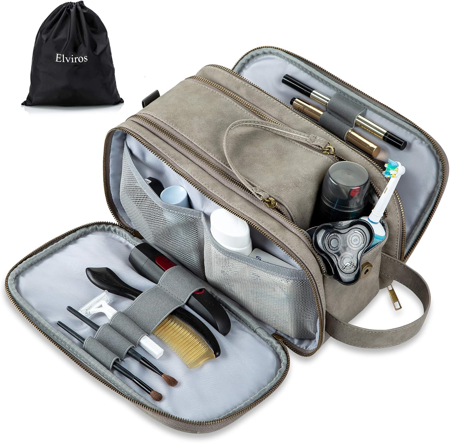 Water-Resistant Leather Toiletry Bag for Men Women Large Travel Wash Bag Shaving Dopp Kit Bathroom Gym Toiletries Makeup Organizer with Free Wet Dry Bag (Grey)