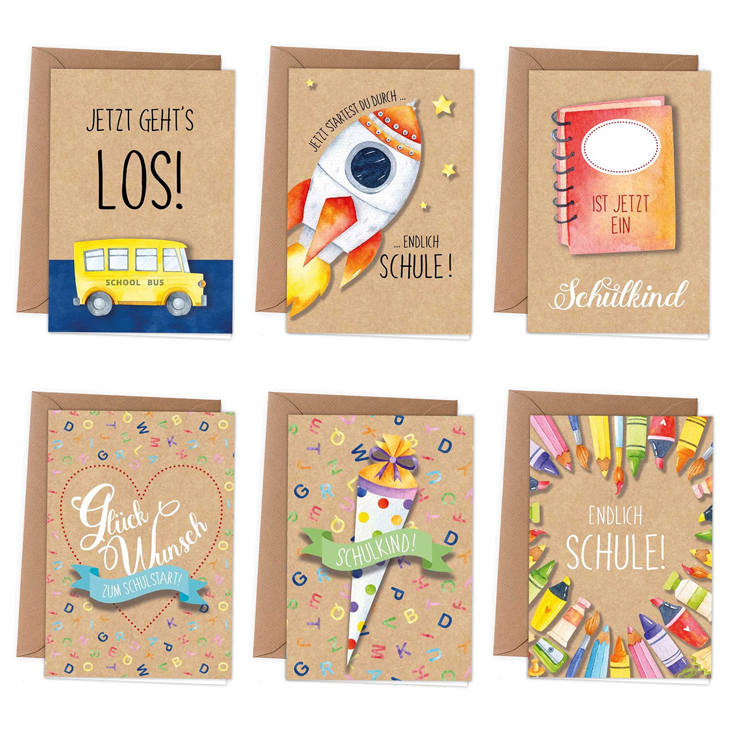 Papierdrachen 6 Folding Cards for First Day of School – Greeting Cards with Envelope for Starting School – Greetings for the School Child – Child-friendly Greeting Cards for the First Day of School –
