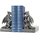 BOIHEGU Dragon Statue Decorative Bookends for Shelves, Metallic Silver Dragon Home Office Statue Decoration, Fantasy Dragon Figurine Enthusiasts Gifts
