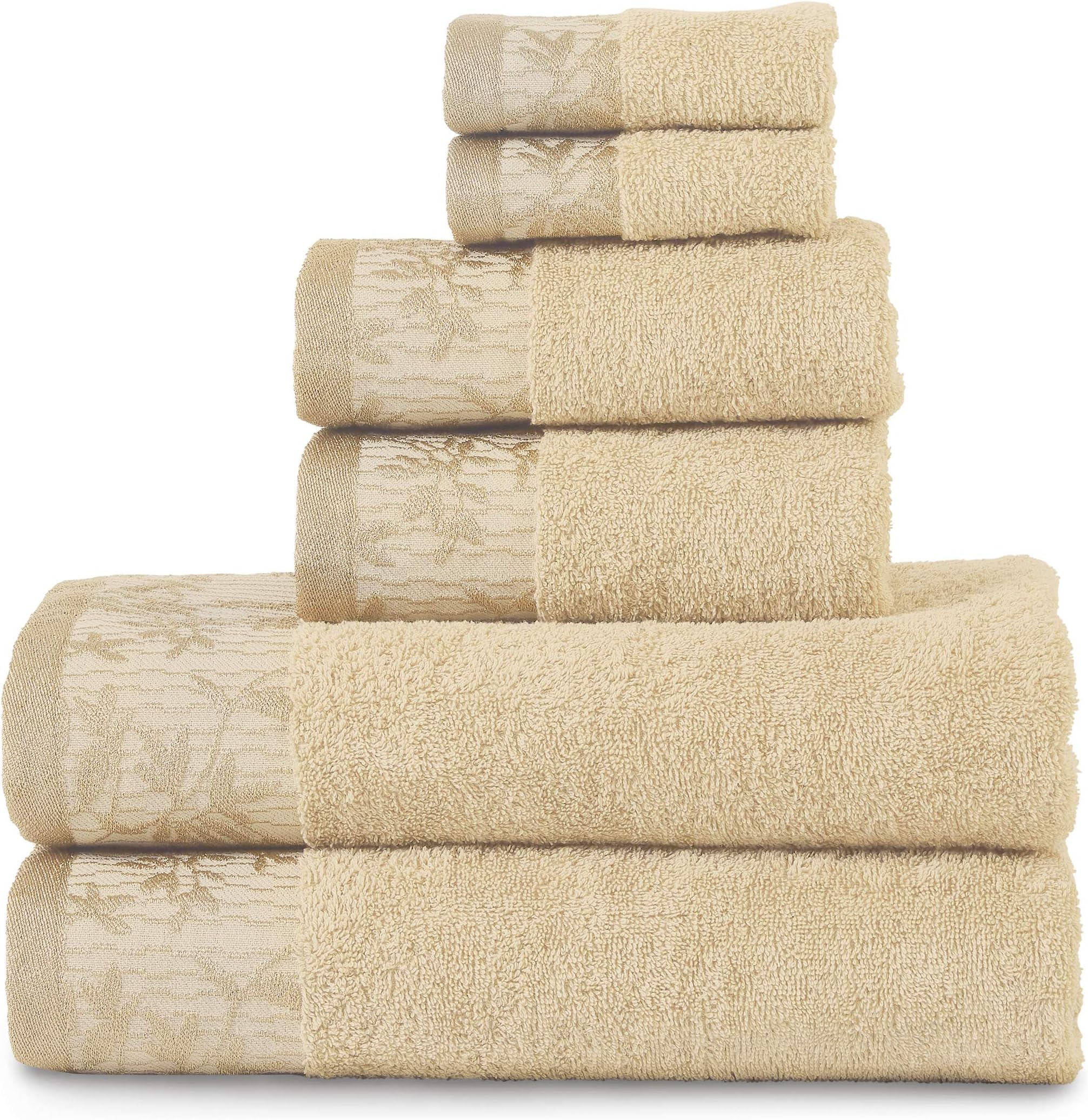 Superior6 Piece Cotton Towel Set, Floral Jacquard Dobby Border, Quick Dry, Decorative Bathroom, Shower, Bath, Includes 2 Body, 2 Hand, 2 Face Towels/Washcloths, Wisteria Collection, Frappe Brown