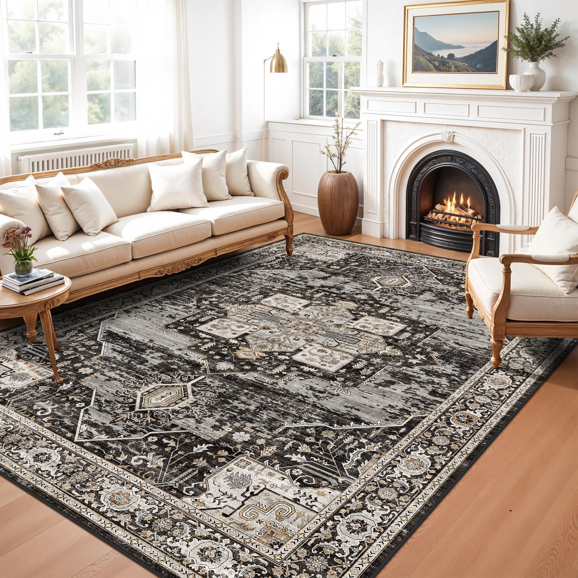 Photo 1 of RUUGME 5x8 Rugs Boho - Area Rug for Living Room/Bedroom/Dining Room - Washable Soft Stain Resistant -Ideal Size for Placing Under Queen-Size Bed Sofas-Perfect for Apartments & Small Spaces 5x8 Black