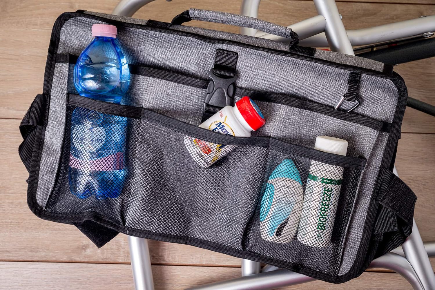 Premium Quality Walker Bag(Double-Sided) with Cup Holder for Walker by P&F | Deluxe Walker Accessories | Attachments Pouch for Rollator or Folding Walker (Gray): Health & Personal Care