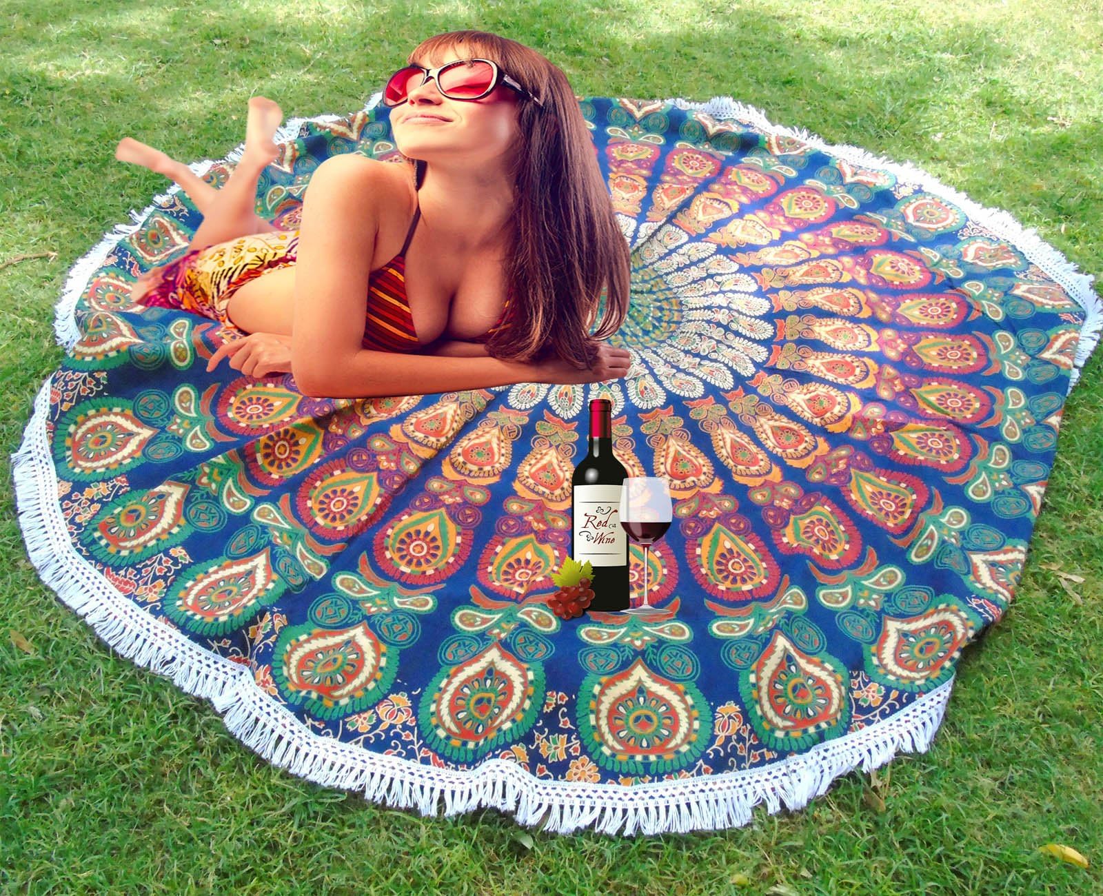 Indian Boho Gypsy Cotton Tablecloth Beach Towel Mandala Picnic Throw Indian Round Roundie Throw Hippy Beach throw yoga mat.72 Inch.