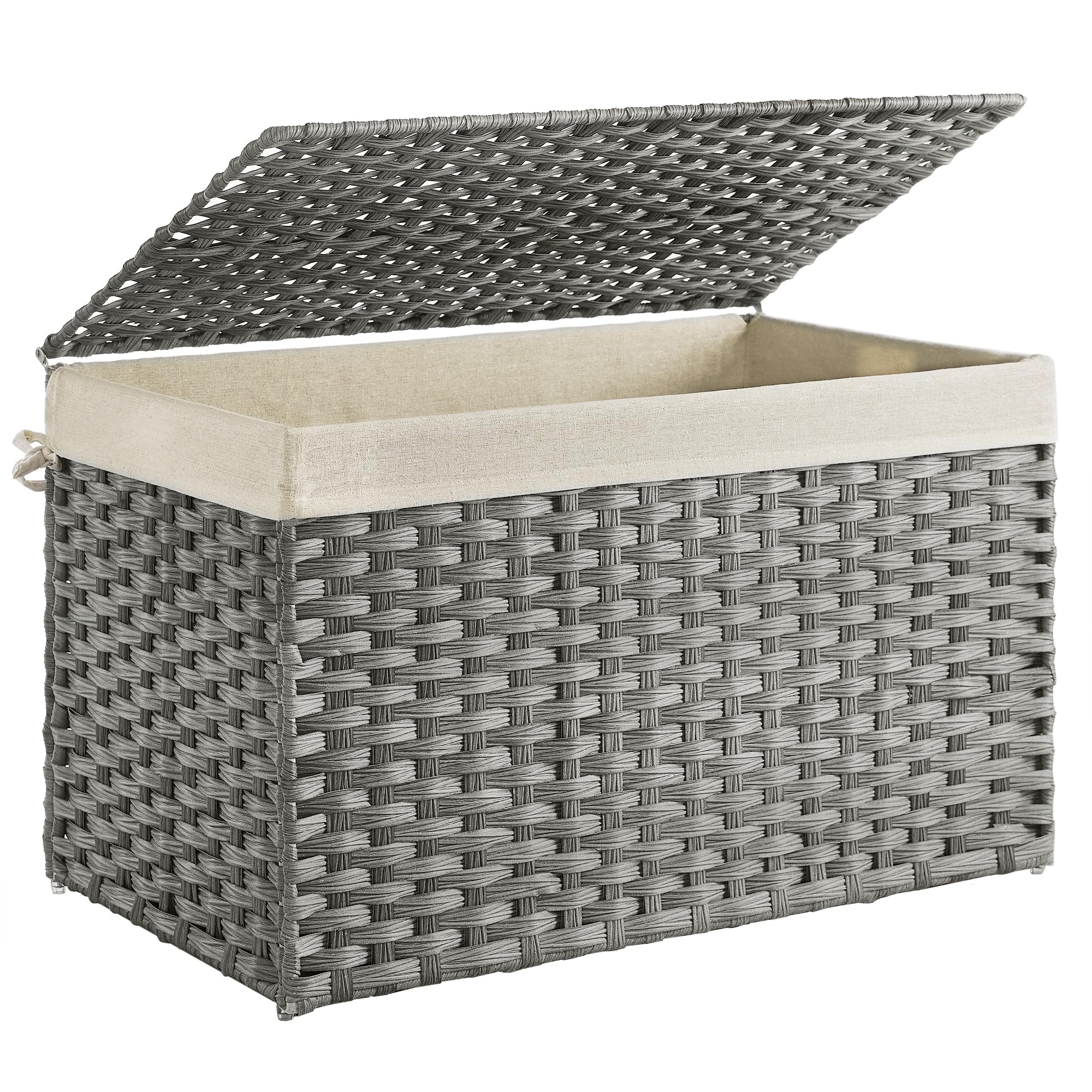 SONGMICS Storage Basket with Lid, Woven Blanket Storage Bin with Handles, Foldable, Removable Liner, Metal Frame, for Bedroom, Laundry Room, 42.3 Gallons (160 L), Gray URST76WG