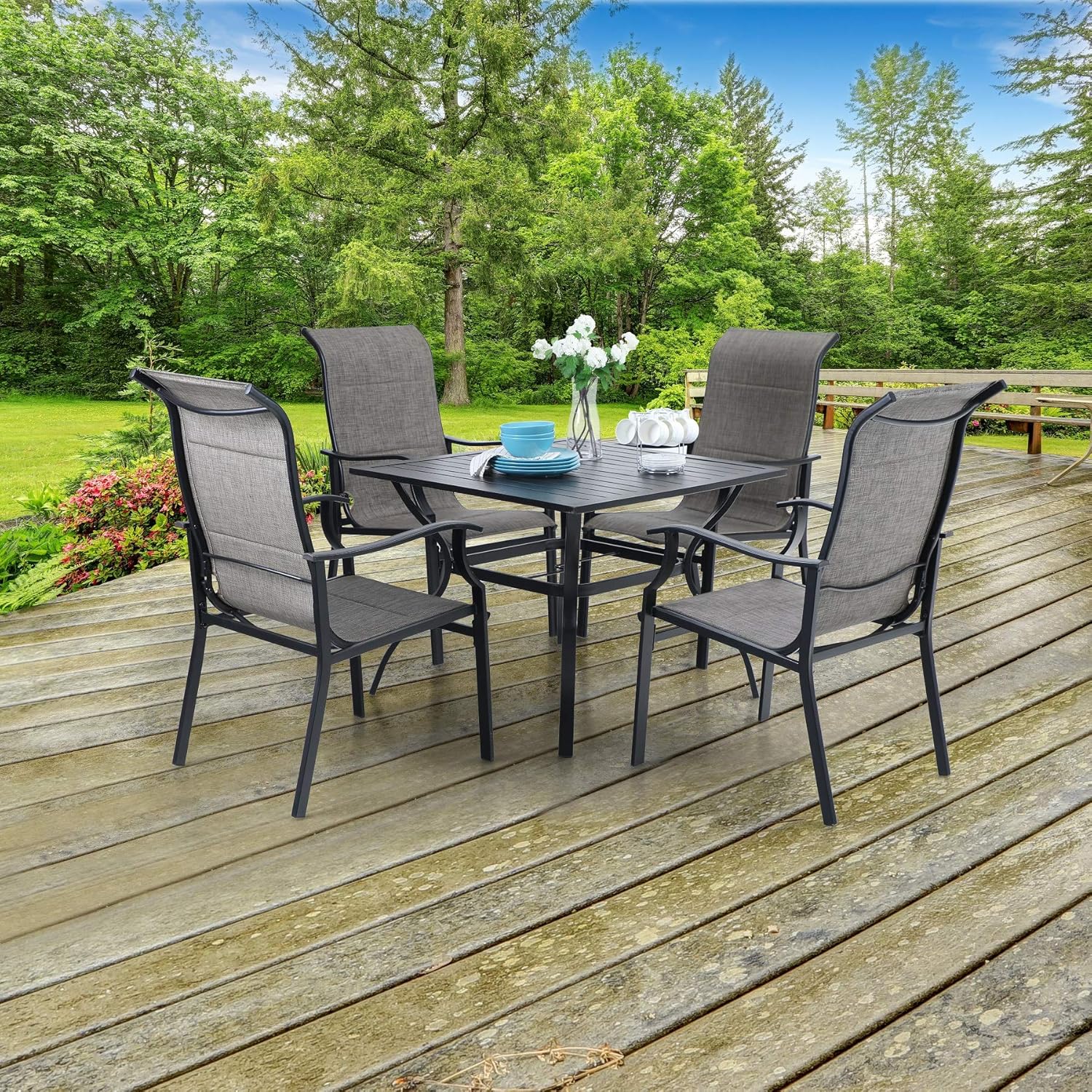 Poolside Backyard Outdoor Furniture Set With Umbrella Hole For Garden Square Black Metal Table With 4 Padded Mesh Textilene Fabric Chairs Porch Mfstudio 5 Pieces Patio Dining Set Dining Sets Patio Lawn