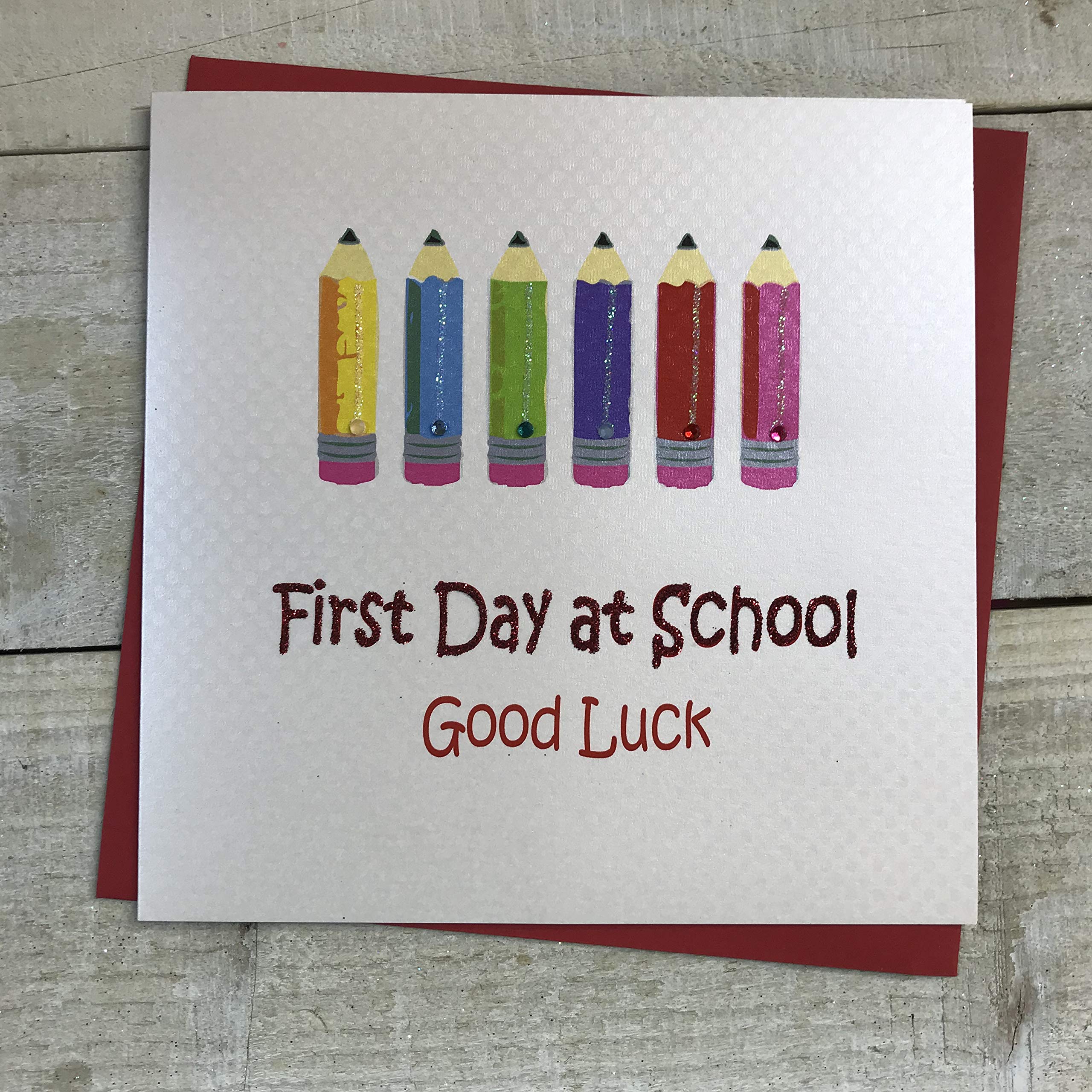 white cotton cards First Day At School Good Luck Handmade Card, Pencils, PD110