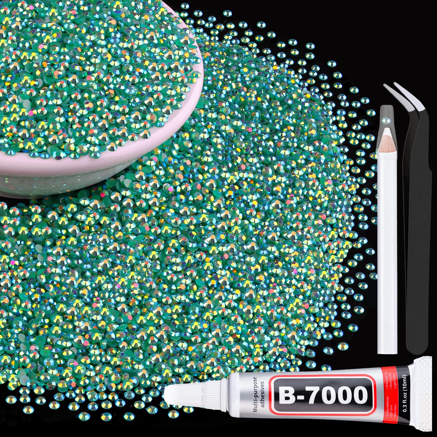 Photo 1 of 10000Pcs 2mm Resin Jelly Rhinestones with 1Pcs 10ml B7000 Jewelry Glue for Crafting, Emerald Green AB Flatback Gems, Bedazzling Crystal Bulk for DIY Crafts Clothing Tumblers Shoes Nail Art Fabric