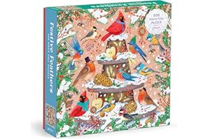 Galison Festive Feathers – 500 Piece Foil Jigsaw Puzzle Featuring Charming Artwork of Wintery Birds Perched On A Christmas Log