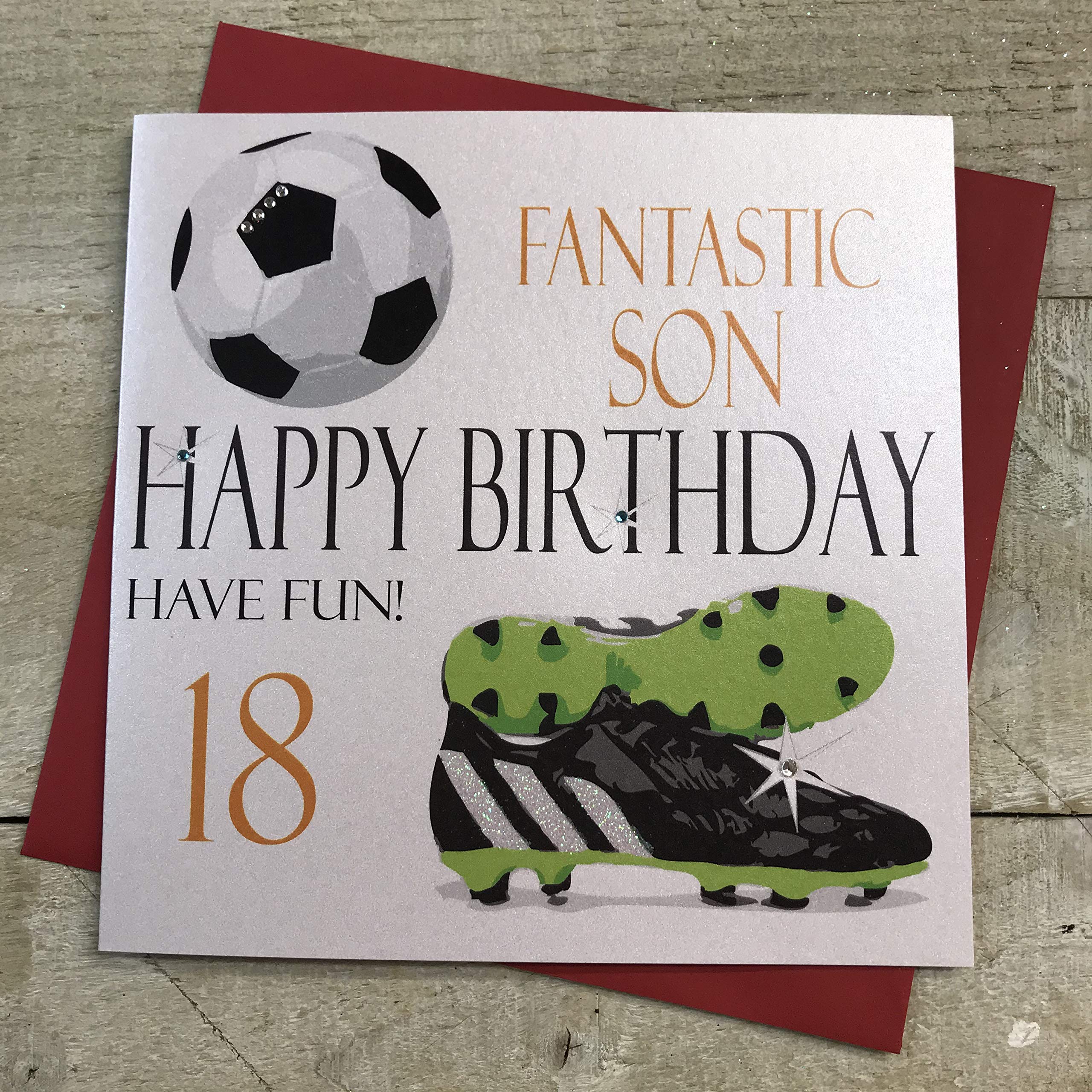 WHITE COTTON CARDS Fantastic Son Happy Fun 18, Handmade 18th Birthday Card (NA18S, Football)