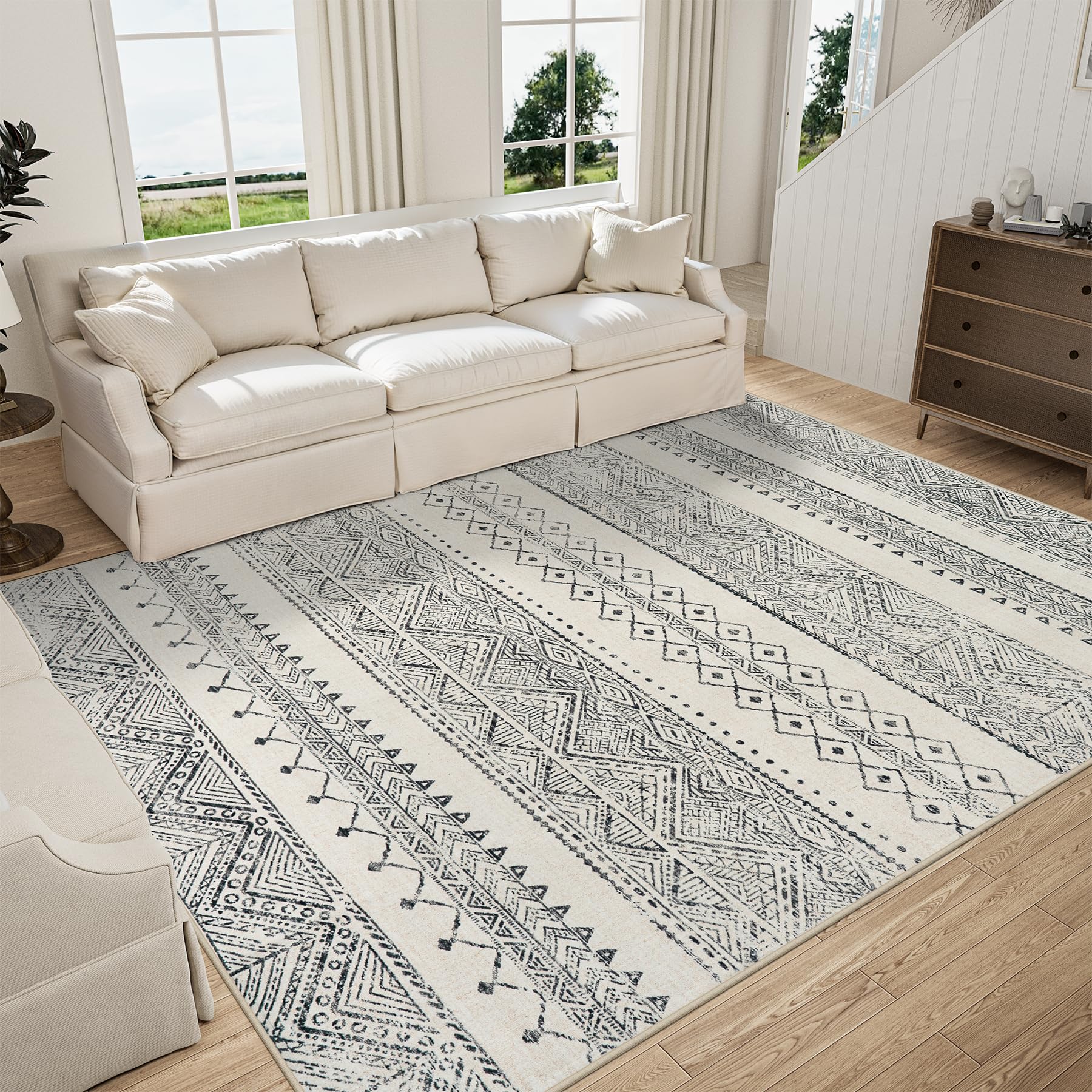 Photo 1 of Area Rugs 9x12 Living Room: Large Machine Washable Rug with Non-Slip Backing Non Shedding Stain Resistant, Soft Geometric Moroccan Carpet for Dining Room Bedroom Nursery Home Office-Deep Gray/Cream