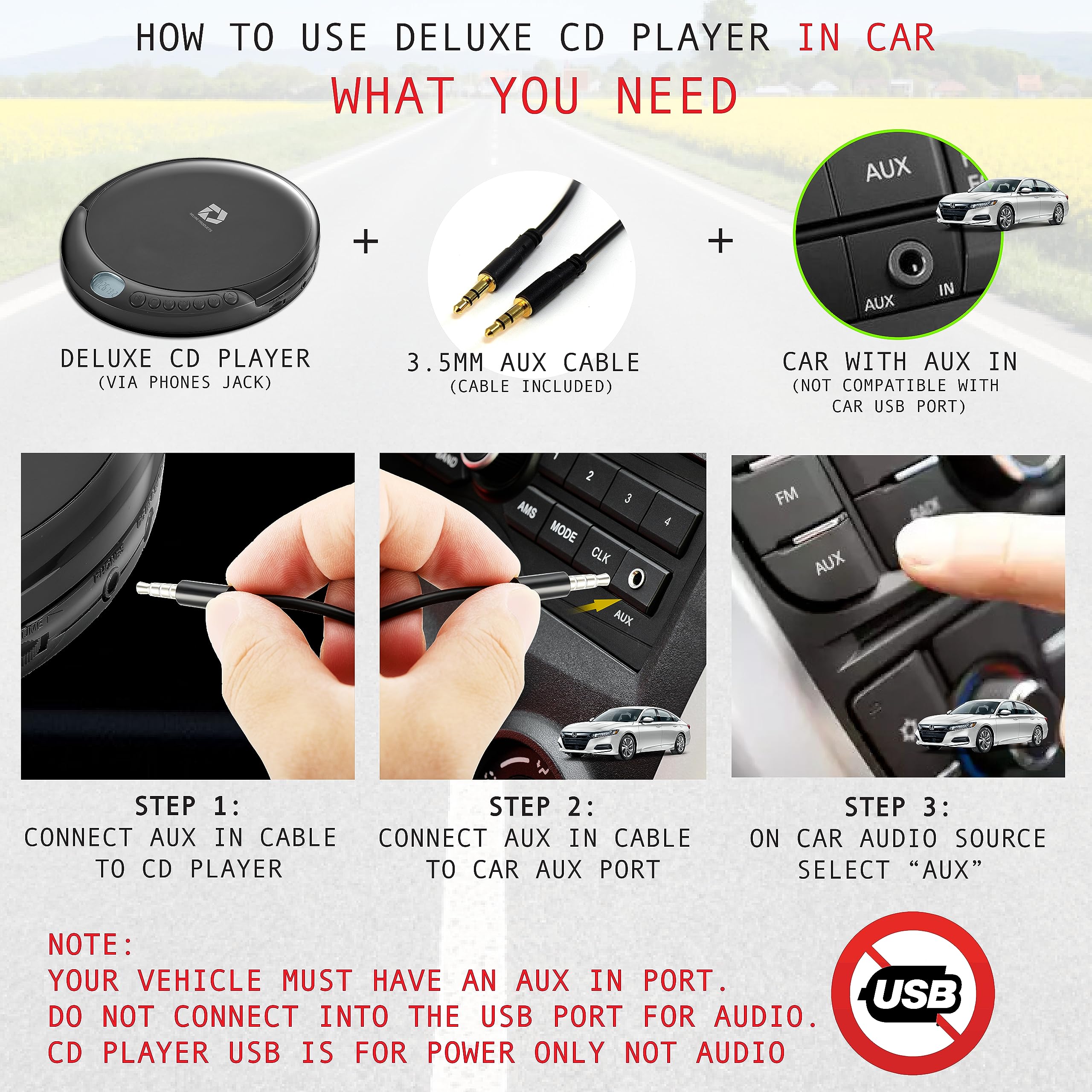 CD Player Portable with 60 Second Anti Skip, Stereo Earbuds, Includes Aux in Cable and AC USB Power Cable for use at Home or in Car