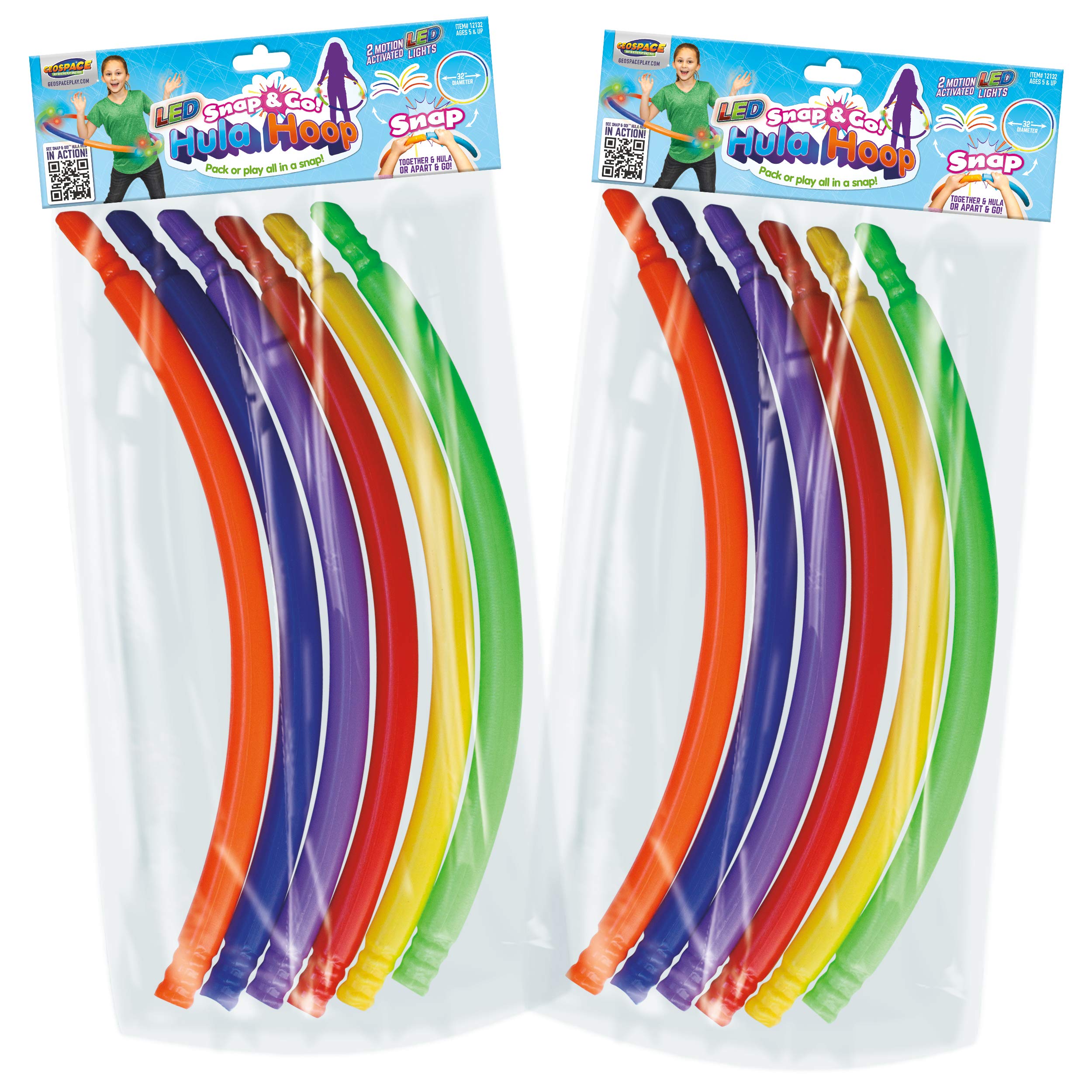 Geospace LED Light Up Snap & Go Multi Color 6 Piece Hula Hoop Toy for Kids Great for Exercise, Birthday Parties (2 Pack) NO Batteries Required