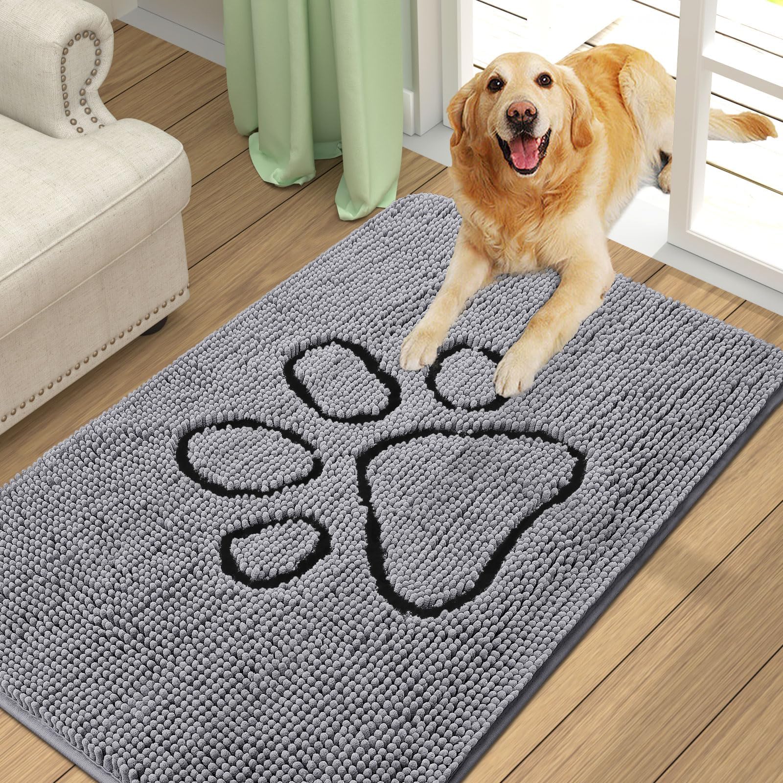Homaxy Dog Door Mats Indoor, Super Absorbent Non Slip Doormats, Soft Chenille Floor Mat, Machine Washable Entrance Rug for Dogs Muddy Paws, Muddy Wet Shoes, Bathroom, Kitchen - 60 x 90 cm, Grey