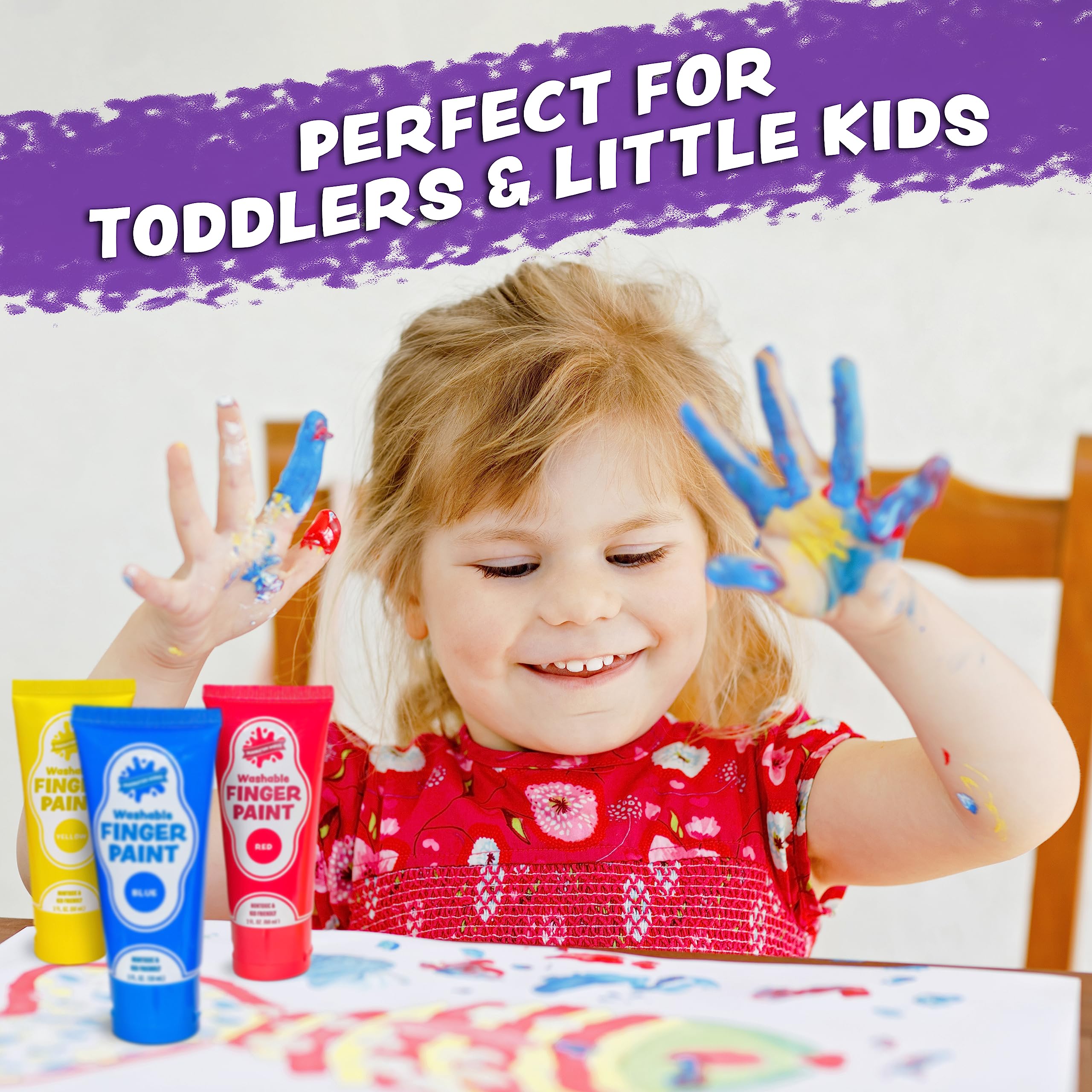 Washable Finger Paint for Kids, Variety 8 Pack | Nontoxic, Washable Toddler Paint Set for Kids | Easy-to-Squeeze Tubes for Less Mess | Vibrant Colors Perfect for Toddler Art Supplies