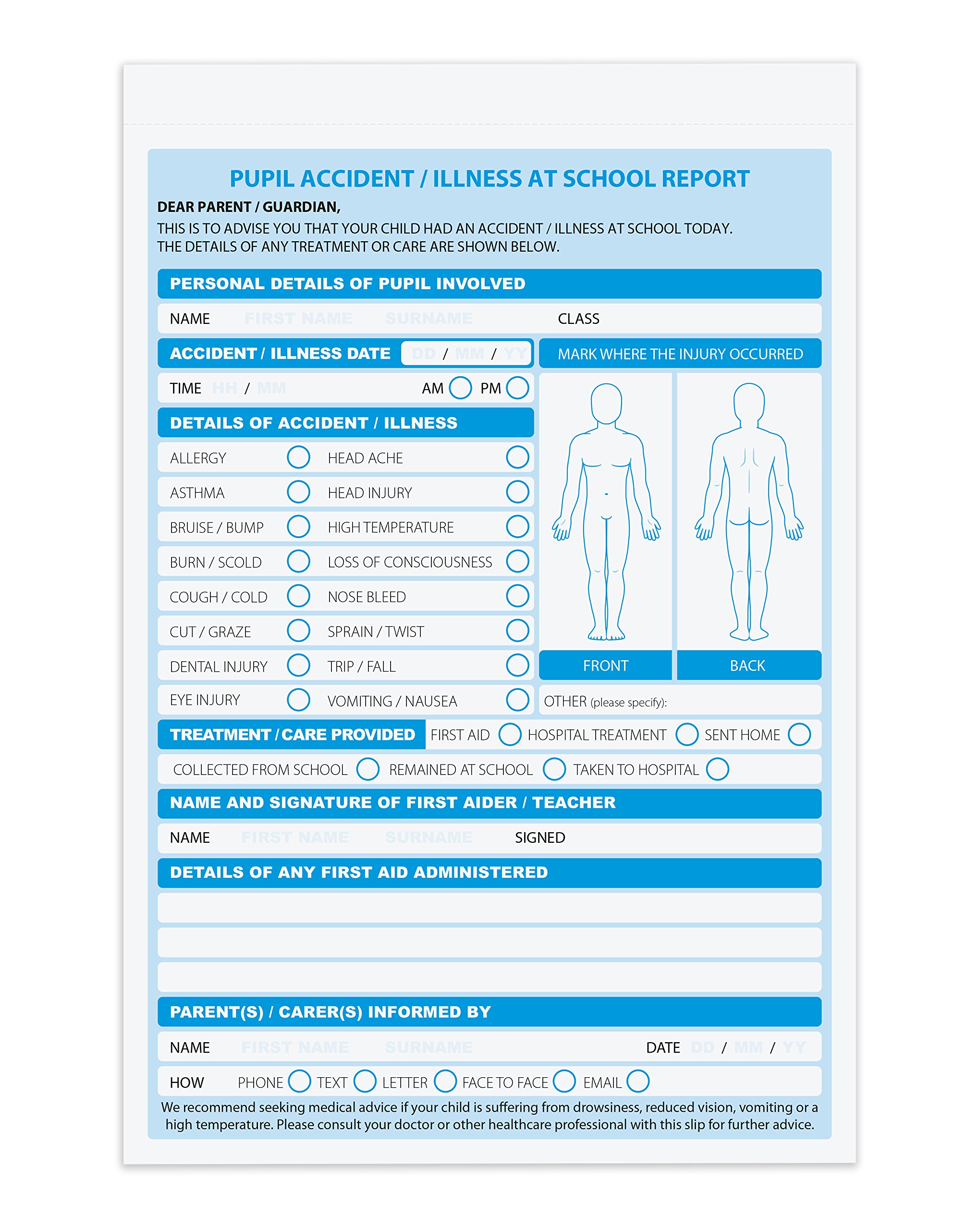 School. A5 Accident Report Book, 2 Part, (Duplicate), 50 Sets per Book, Pack of 5