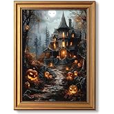Gold Framed Gothic Halloween Wall Art Fantasy Haunted House Prints 12x16 In | Horror Pumpkin Canvas Pictures, Spooky Crow Dark Academia Painting, Vintage Artwork for Living Room Bathroom Decor