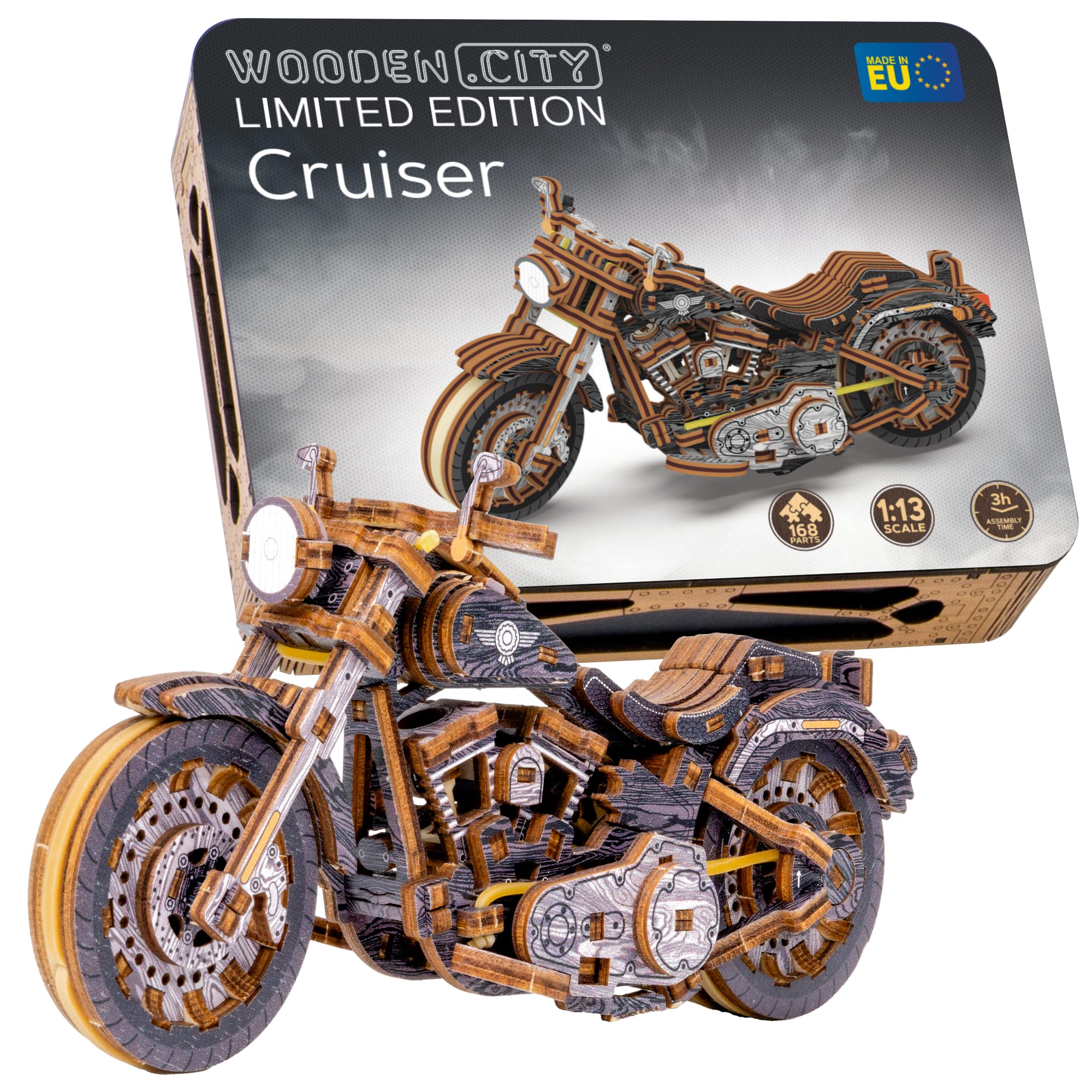 WOODEN.CITY Cruiser V-Twin Limited Edition, Model Kits for Adults to Build, DIY Wooden 3D Puzzle, Model Scale 1:13, 168 Pieces, Mechanical Gears Motorcycle, Rubber Motor, Painted Body