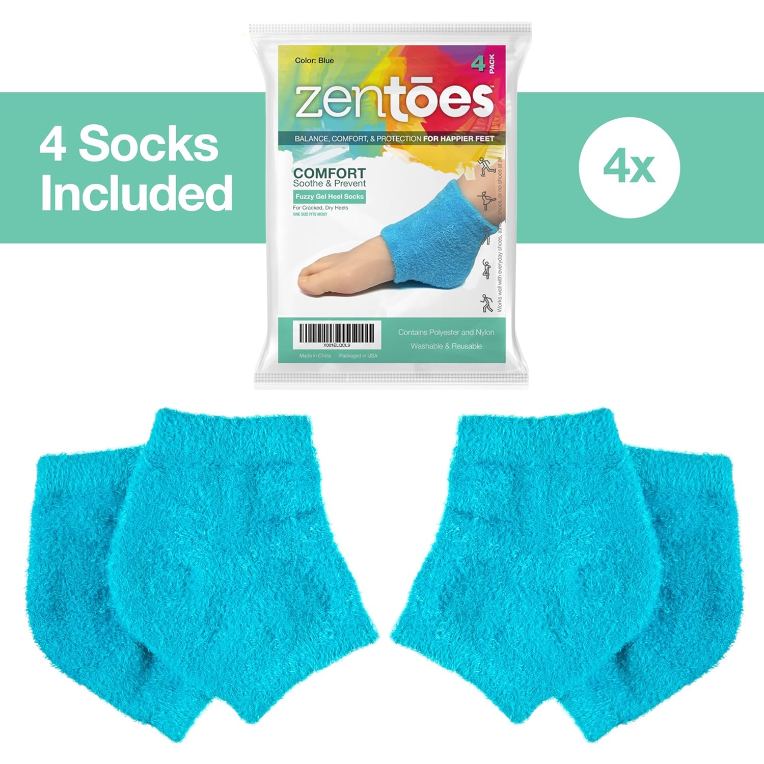 ZenToes Moisturizing Heel Socks 2 Pairs Gel Lined Toeless Spa Socks to Heal and Treat Dry, Cracked Heels While You Sleep (Regular, Fuzzy Blue) : Beauty