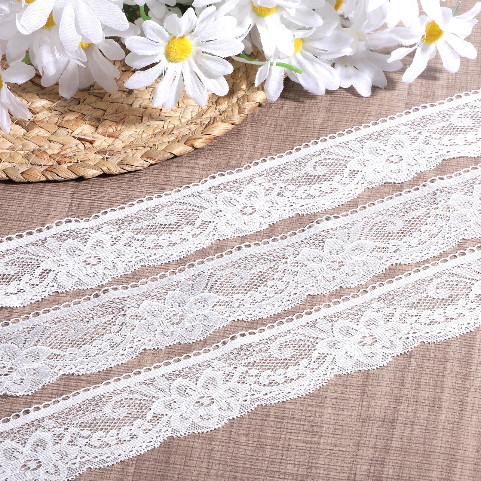 Photo 1 of 10 Yards White Lace Ribbon, Lace Trim 2 Inch (5 cm) Wide Vintage Floral Sewing Trim Flower Fabric Decorative Ribbon for DIY Crafts, Dress Sewing, Gift Wrapping, Wedding Decoration, Sleeve Lengthening