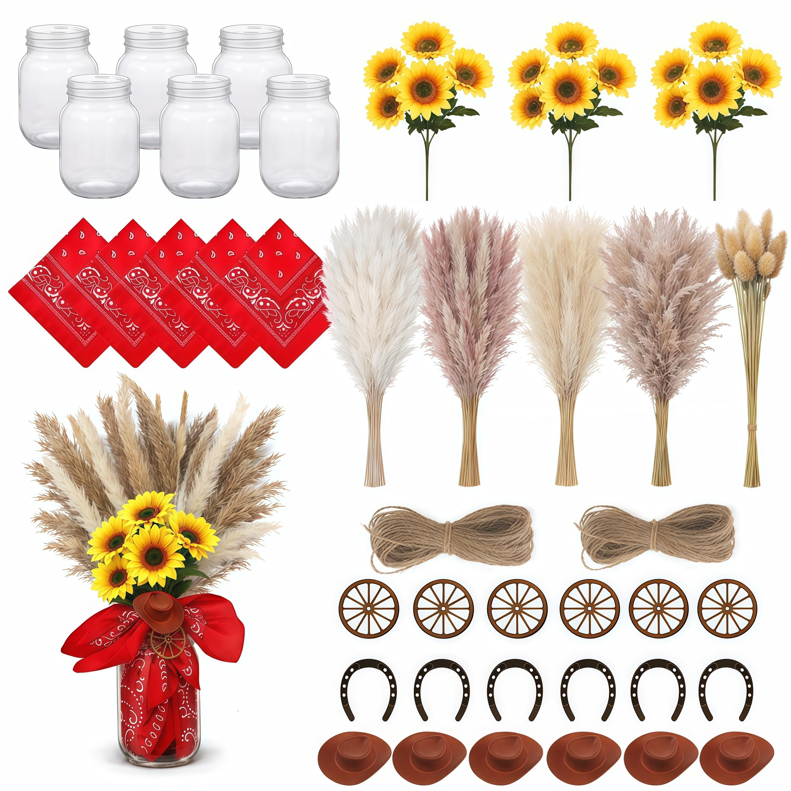 Photo 1 of 6 Set Western Cowboy Centerpieces Table Decor with Mason Jars Mini Horseshoe Cowboy Hat Wooden Wagon Wheel Bandanas Sunflowers Dried Flowers for Rodeo Country Birthday Party Wedding Decorations