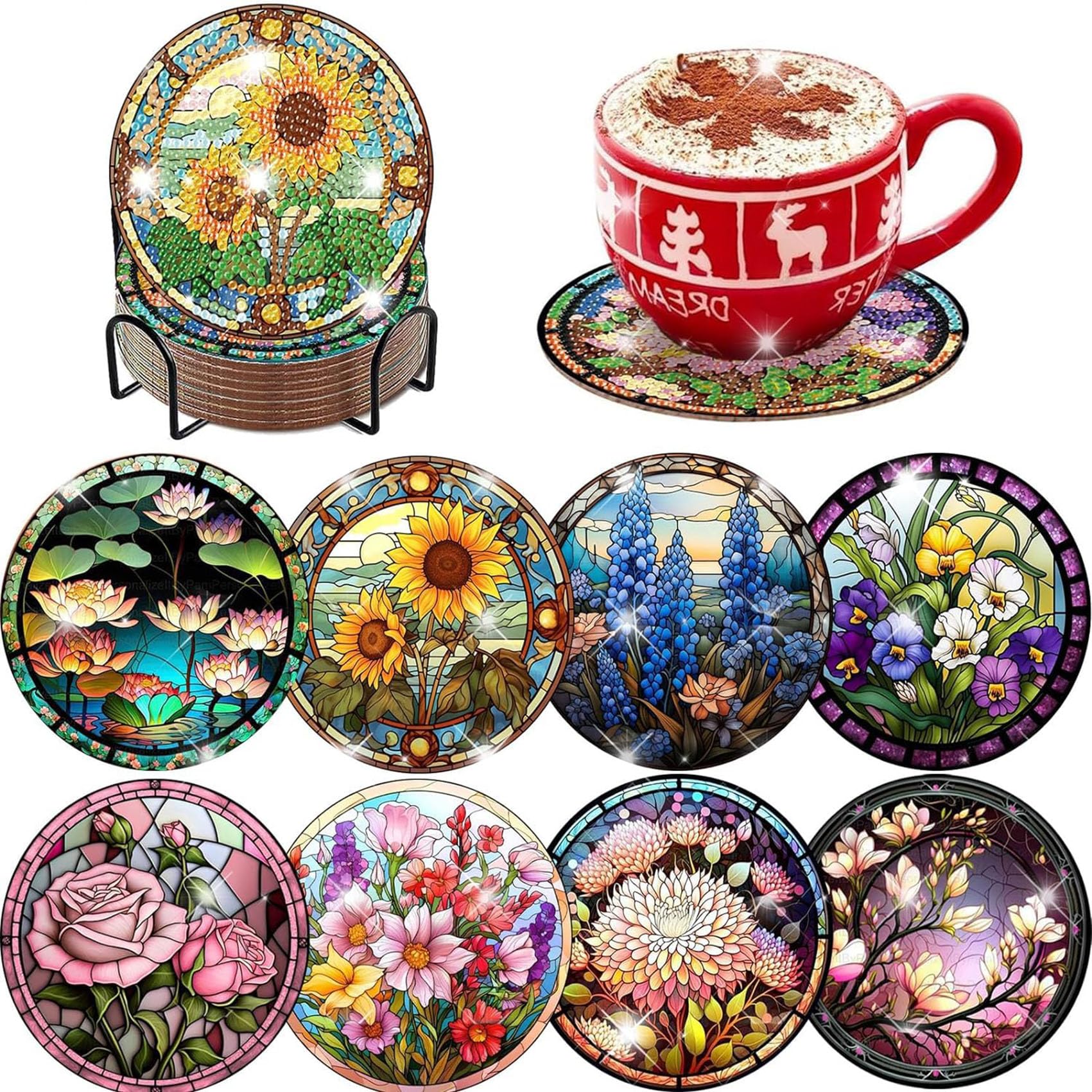 8 Pcs Flowers Diamond Art Coasters Kits with Holder - 5D Diy Diamond Painting Coasters Mosaic Kits for Adults - Round Full Drill Arts and Crafts for Adults and Beginner