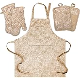 Oven Mitts and Pot Holders with Cooking Apron Set of 5, Heat Resistant Kitchen Gloves and Silicone Non-Slip Potholders, Adjustable Neck Buckle Chef Apron, Cotton Nice Design for Cooking (Tawny)