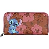 Bioworld Disney Lilo And Stitch Allover Floral Stamped Design with Stitch Faux Leather Full Zip Wallet Bi-Fold