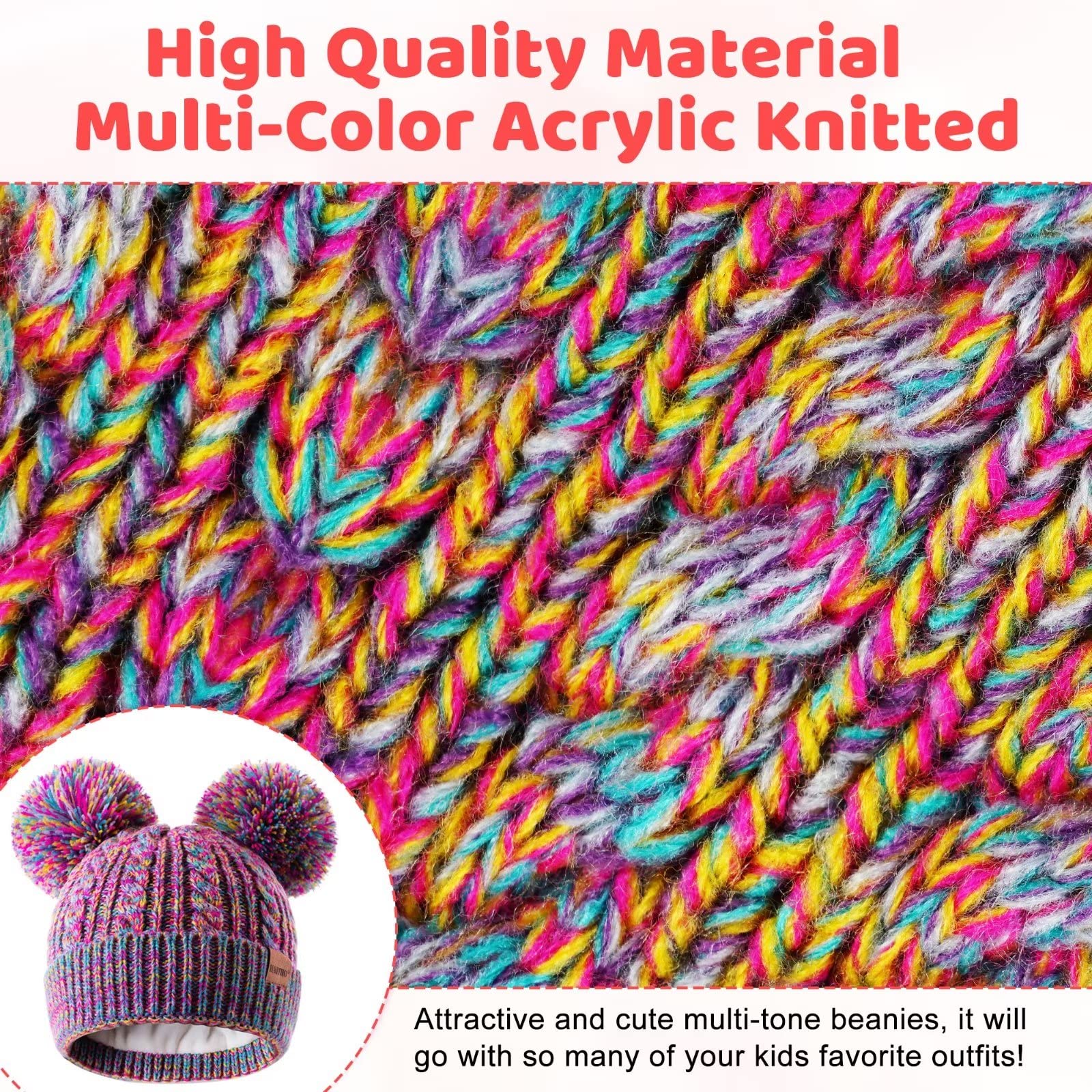 HAITHO Winter Hat for Kids Toddler Children, Girls Beanie with Double Pom Pom Warm Fleece Lined, Girls Accessories Knit Cap