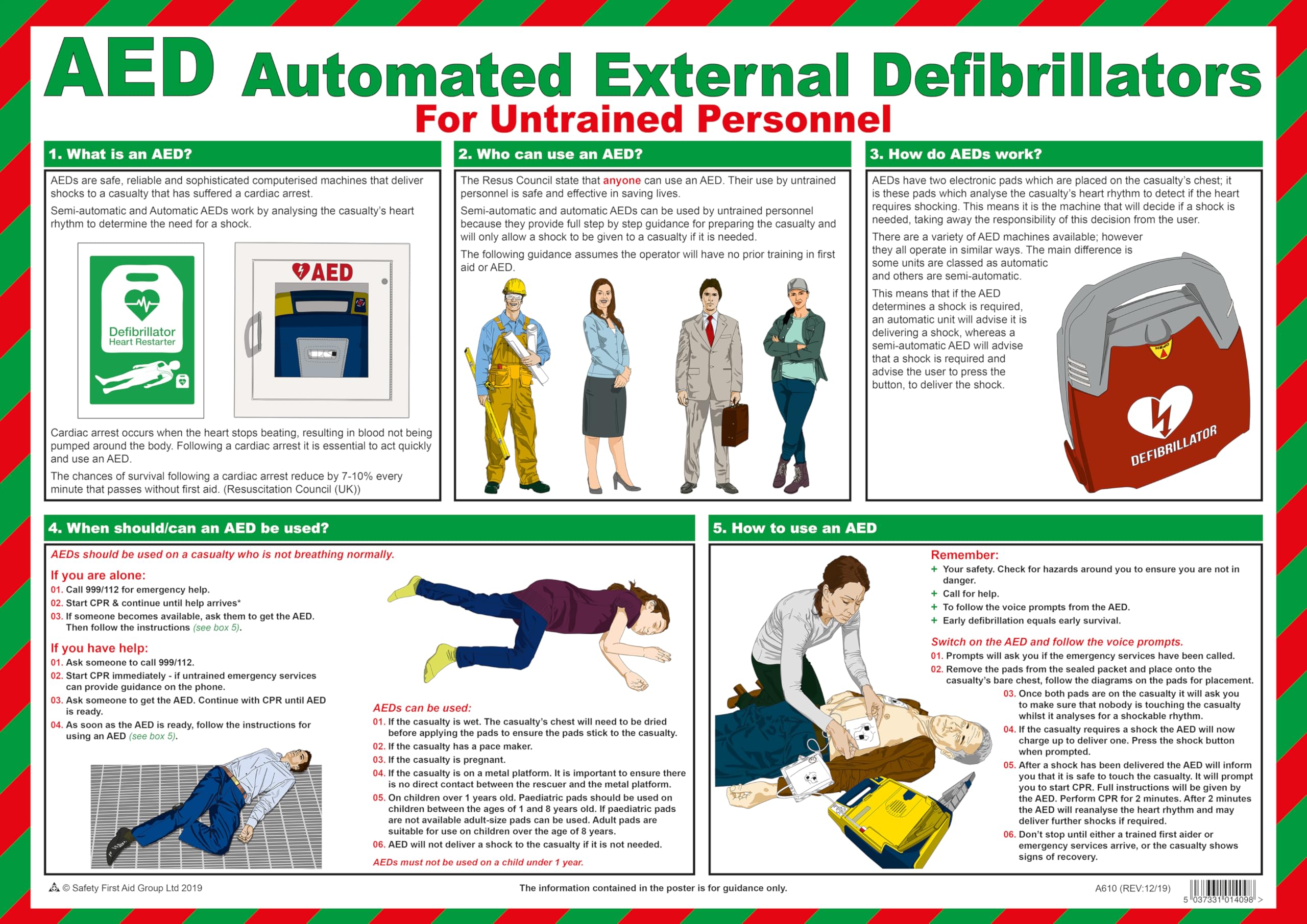 Safety First Aid Group AED for Untrained Personnel A2 Poster, Laminated — image 1
