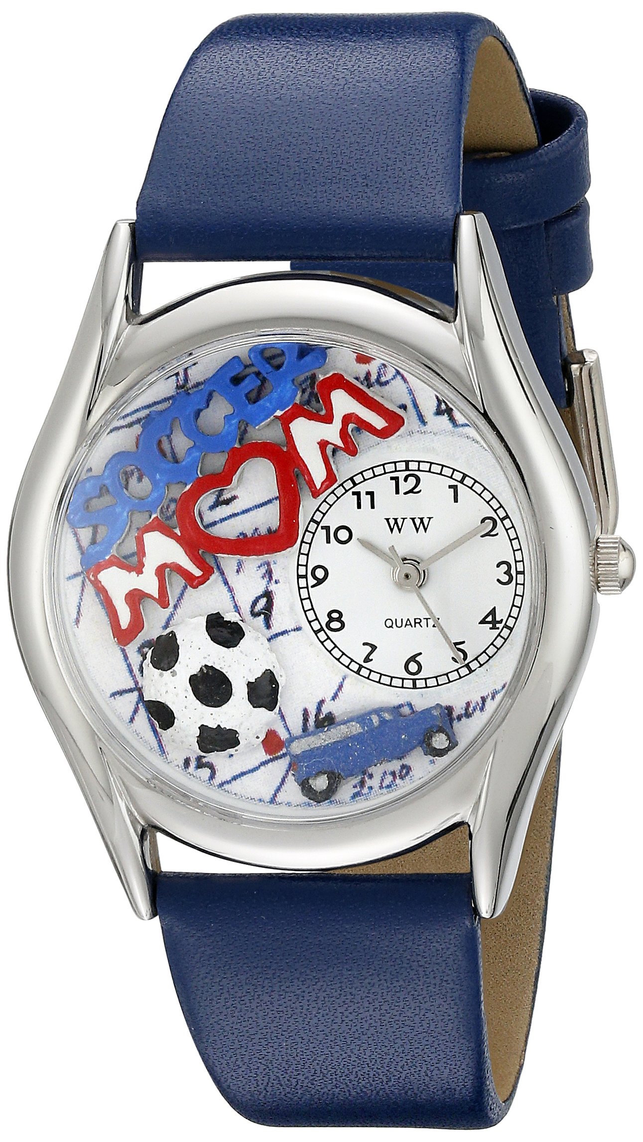 Whimsical Watches Soccer Mom Royal Blue Leather and Silvertone Unisex Quartz Watch with White Dial Analogue Display and Multicolour Leather Strap S-1010002