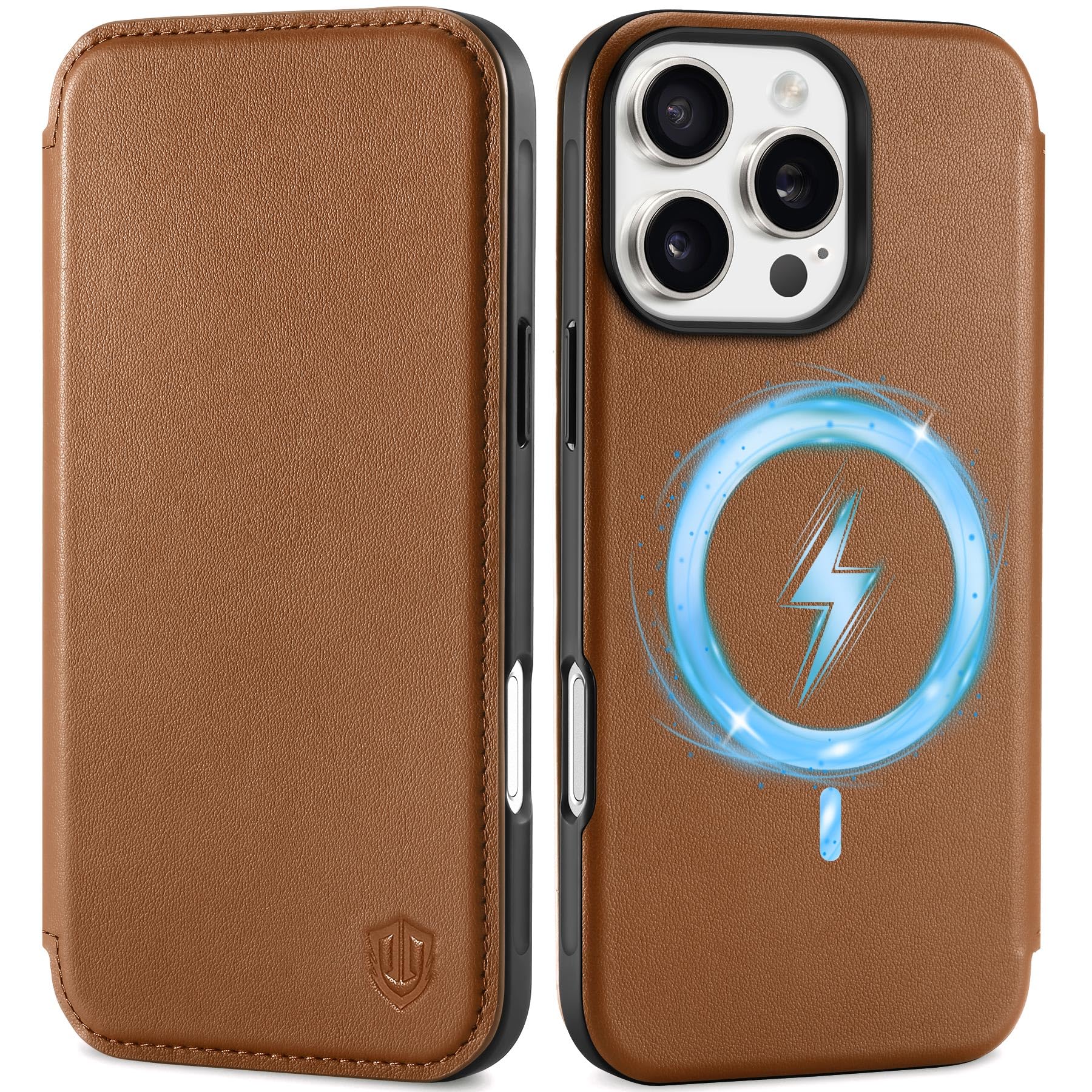 SHIELDON Wallet Case for iPhone 16 Pro Max 5G, Genuine Leather Slim Folio Case [Wireless Charging][RFID Blocking][Card Holder] Magnetic Protective Case Compatible with iPhone 16 Pro Max - Saddle Brown
