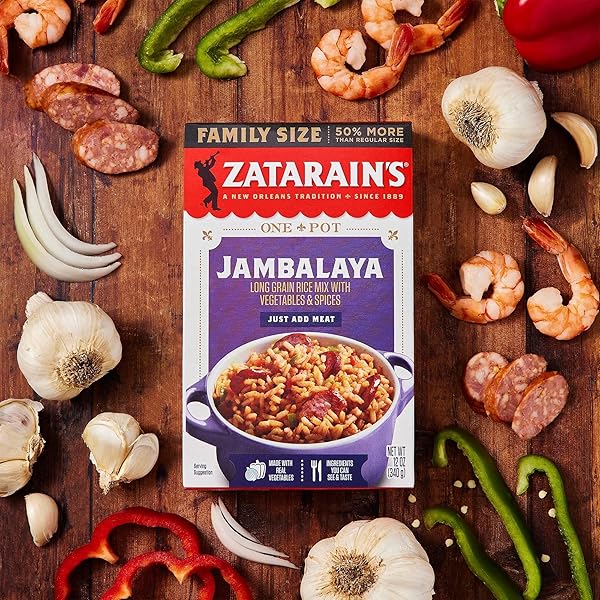 ZATARAIN’S RICE MIX, JAMBALAYA, FAMILY SIZE, LONG GRAIN RICE WITH ONIONS, BELL PEPPERS, GARLIC, PAPRIKA, AND RED PEPPERS, JUST ADD MEAT FOR EASY-PREP, NEW ORLEANS STYLE RICE MEAL, 12 OZ