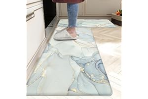 chiinvent Kitchen Floor Mat Set of 2 Anti Fatigue Kitchen Rugs Marble Waterproof Non Slip Comfort Standing Padded PVC Kitchen Floor Mat for Kitchen Sink Laundry, 17.3x28+17.3X 47 inches, Light Blue