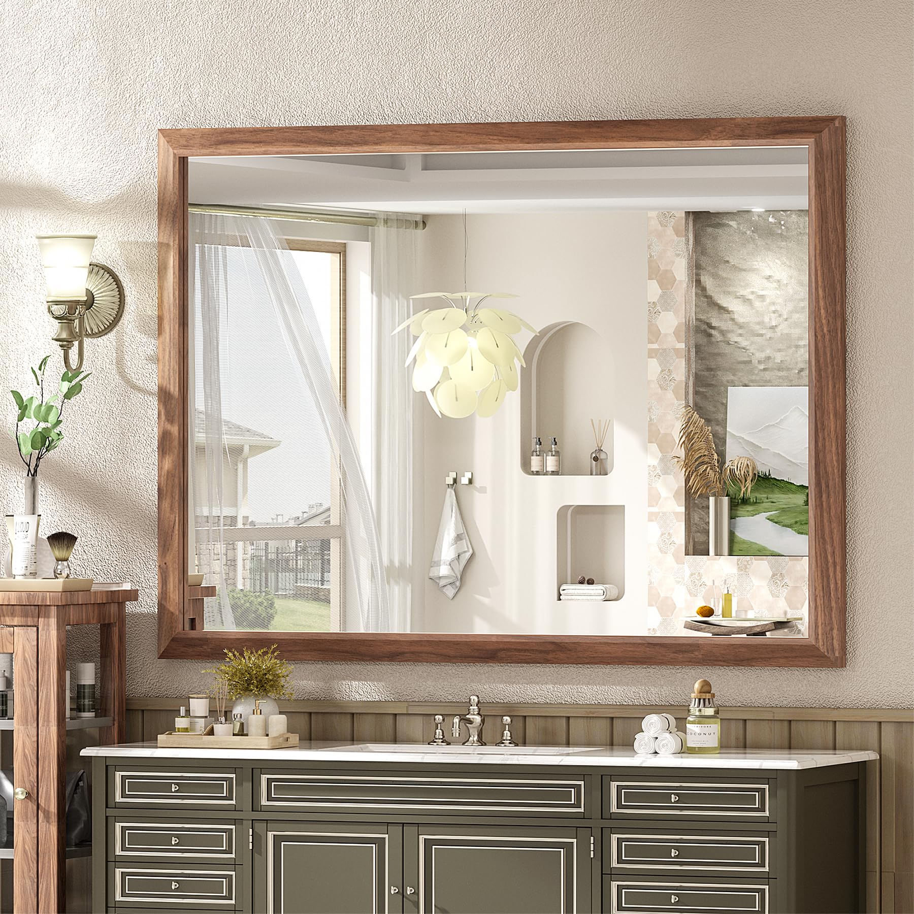 Photo 1 of SMIROR 44 x 36 Inch Rustic Bathroom Mirror for Over Sink, Brown Walnut Metal Framed Farmhouse Rectangle Vanity Mirrors for Wall, Wooden Grain, Thick Frame, (Horizontally/Vertically)