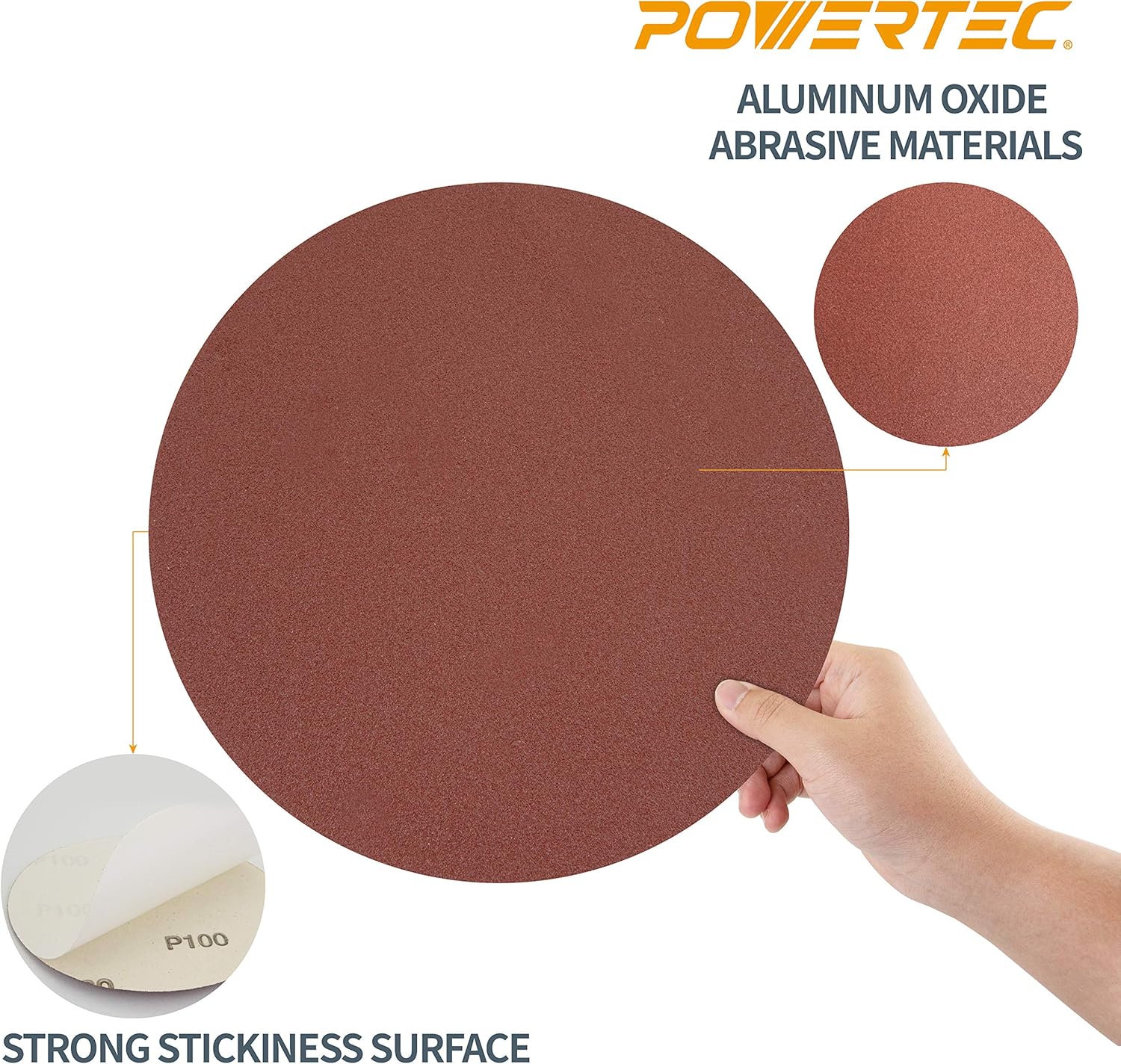 POWERTEC 110380 12-Inch PSA 60 Grit Aluminum Oxide Adhesive Sanding Disc, 10-Pack - Hook And Loop Discs - 