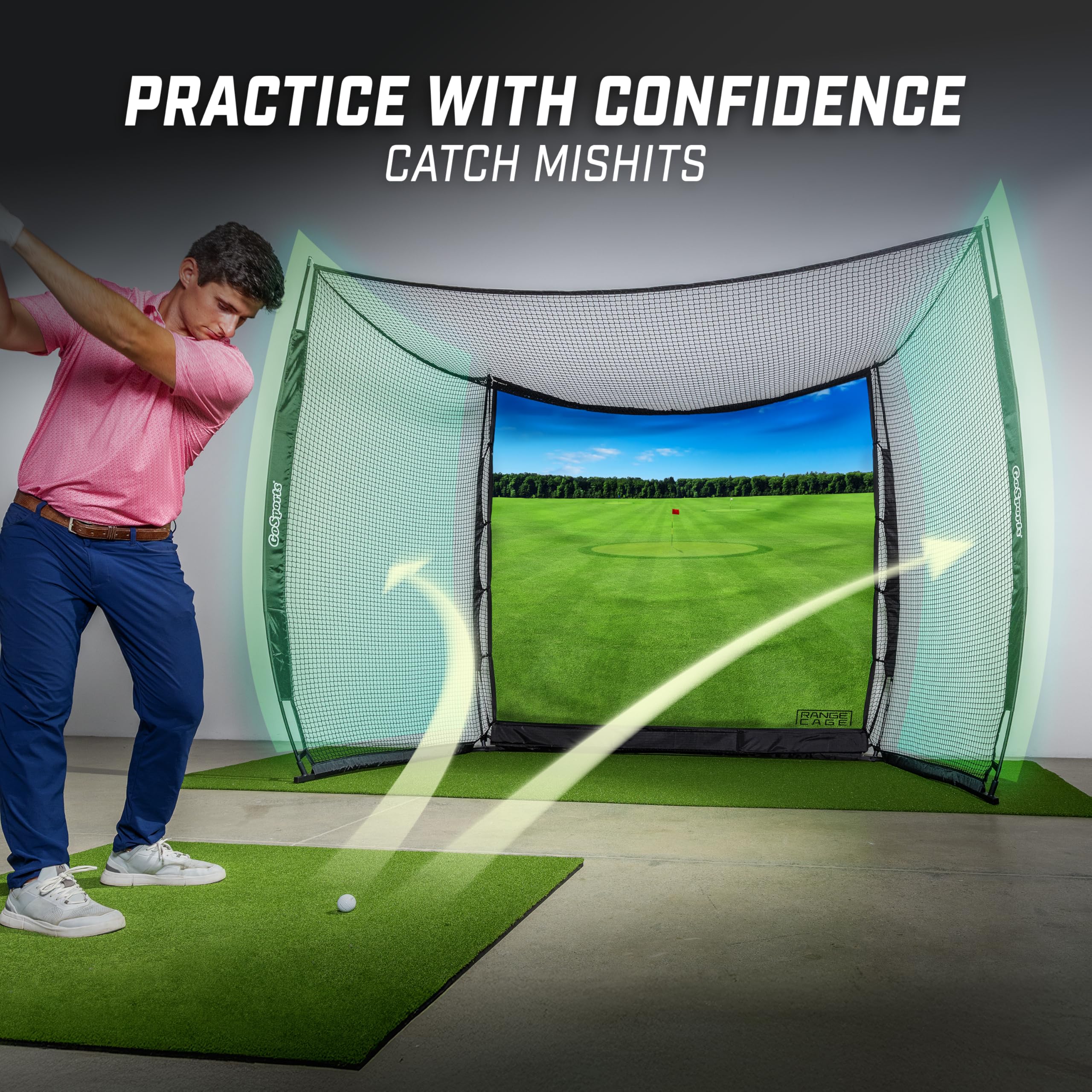 GoSports Range Cage 10 x 8 ft Golf Practice Hitting Net - Choose Between Printed Graphics Impact Screen, Blank Simulator Screen, or Classic Net