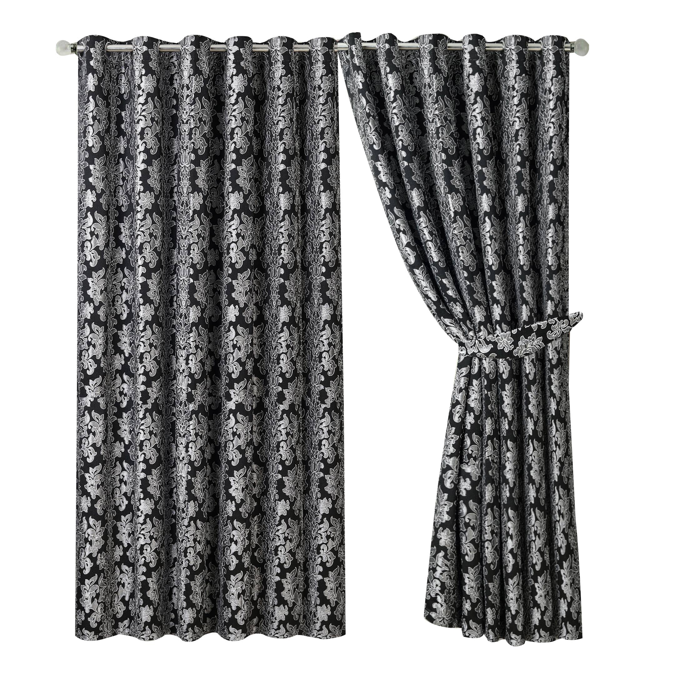 OpulentDreams Jacquard Curtains - Heavy Ring Top Window Curtains for Bedroom & Living Room - Fully Lined - Includes Two Tie Backs - Pair of Panels (Black - Eyelet, 66" x 72" (167 x 183 cm))