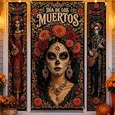 EUOYUFO Dia De Los Muertos Door Cover with 2 Side Door Banners, Day of the Dead Decorations, Sugar Skull Marigold Front Porch Decor for Mexican Fiesta & Halloween Party