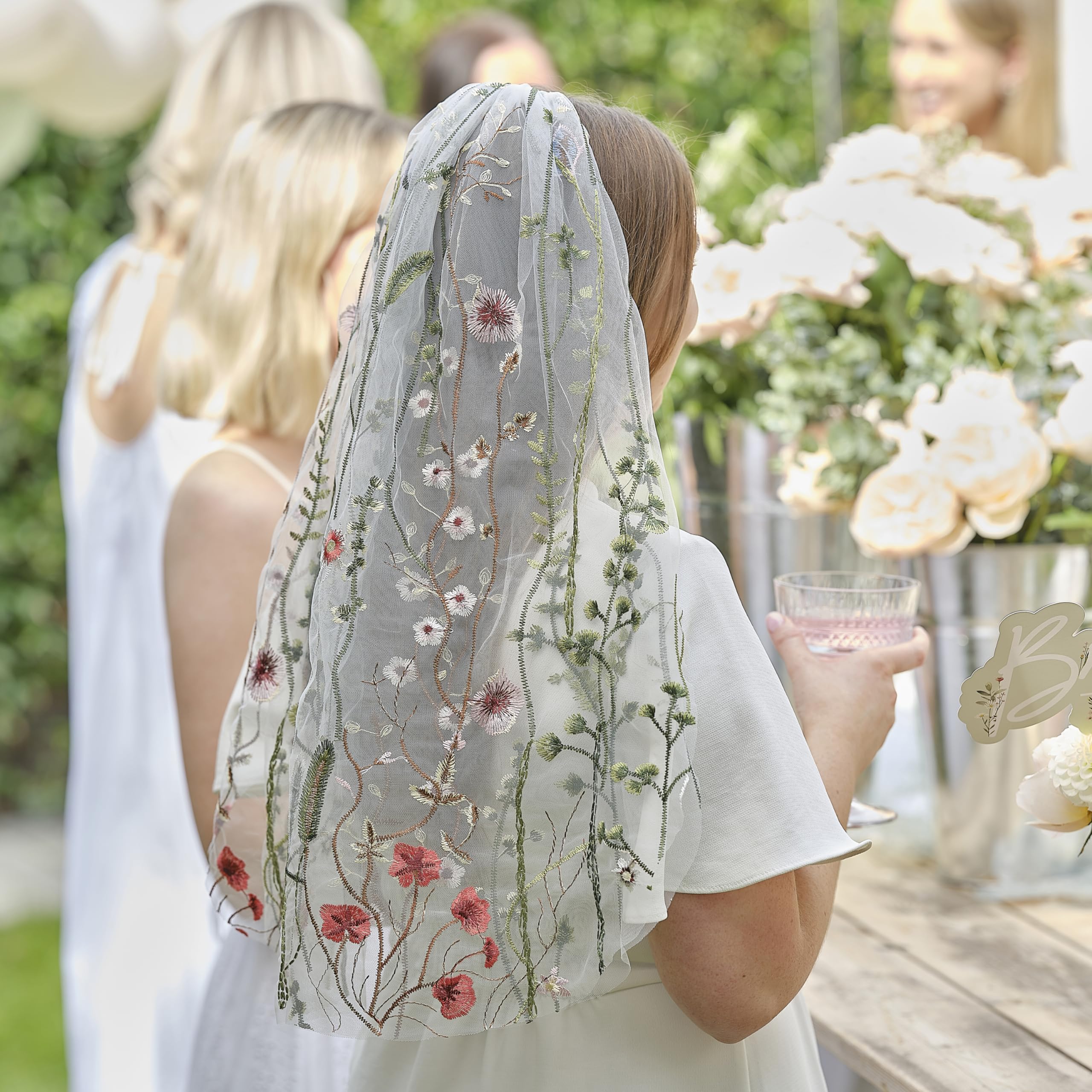 Ginger Ray Double Layered Embroidered Floral Veil with Hair Comb Attach for the Bride to Be Hen Party Wearable 60cm