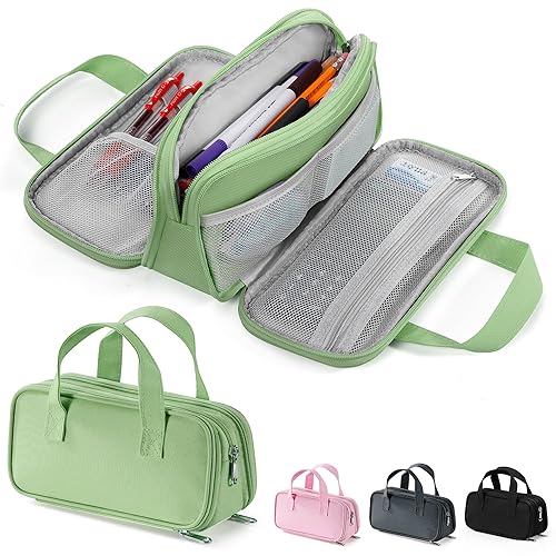 Zannaki Large Pencil Case, Big Capacity Pencil Pouch Pen Bag with 3 Compartment, Portable Canvas Stationery Organizer with Zipper, Cute Aesthetic School Supplies for Teen Girls Boys College,Green