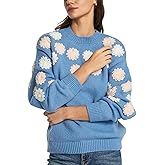 D-Sun Women Crew Neck Flower Sweater Fall Winter Floral Embroidered Long Sleeve Knit Ribbed Color Block Pullover Sweater Top