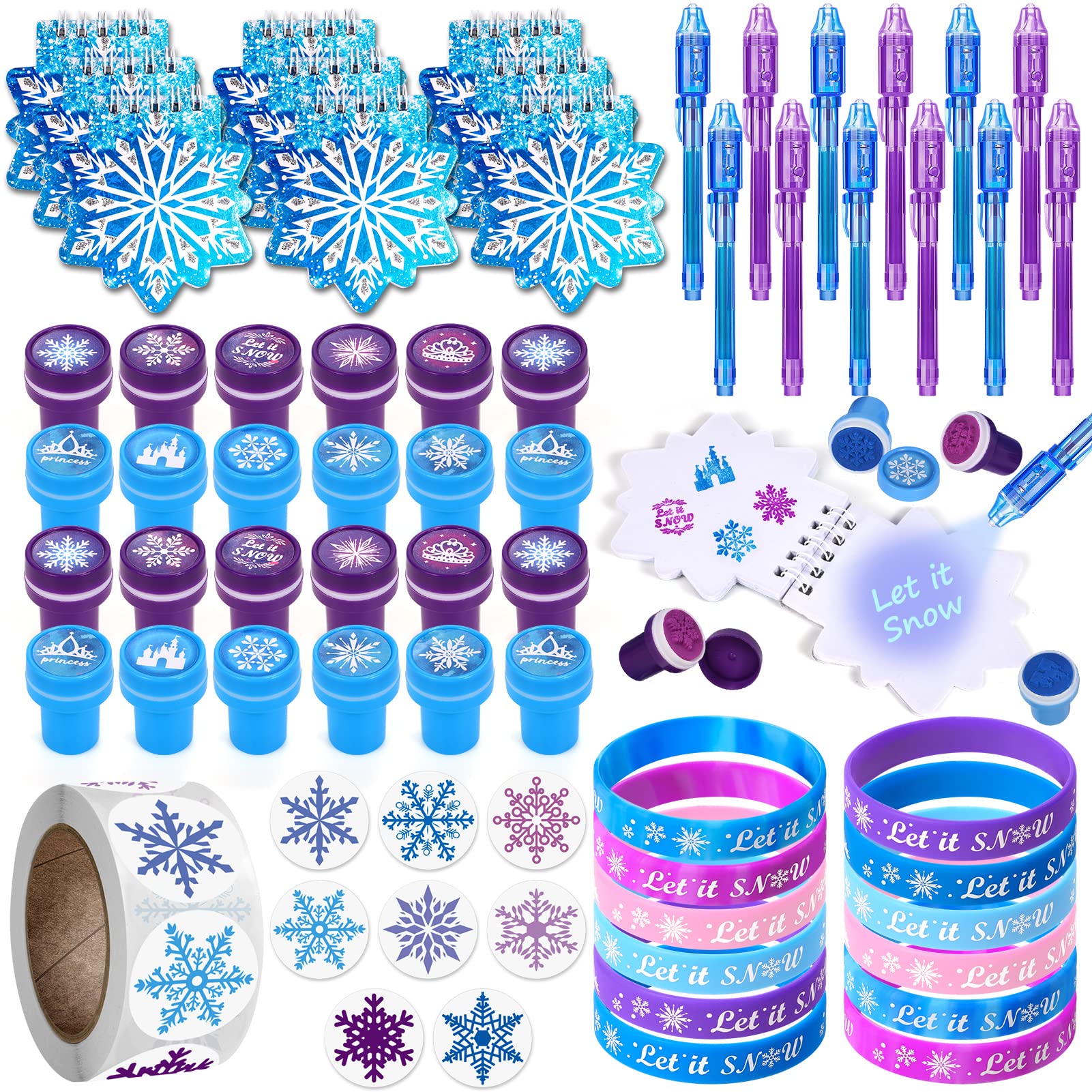 Latocos 61pcs Frozen Party Bag Fillers Princess Party Favours Invisible Ink Spy Pens Notebook Set Stamper Silicone Wristband Snowflake Sticker Elsa Frozen Toy Gift Girls Frozen Birthday Party Supplies