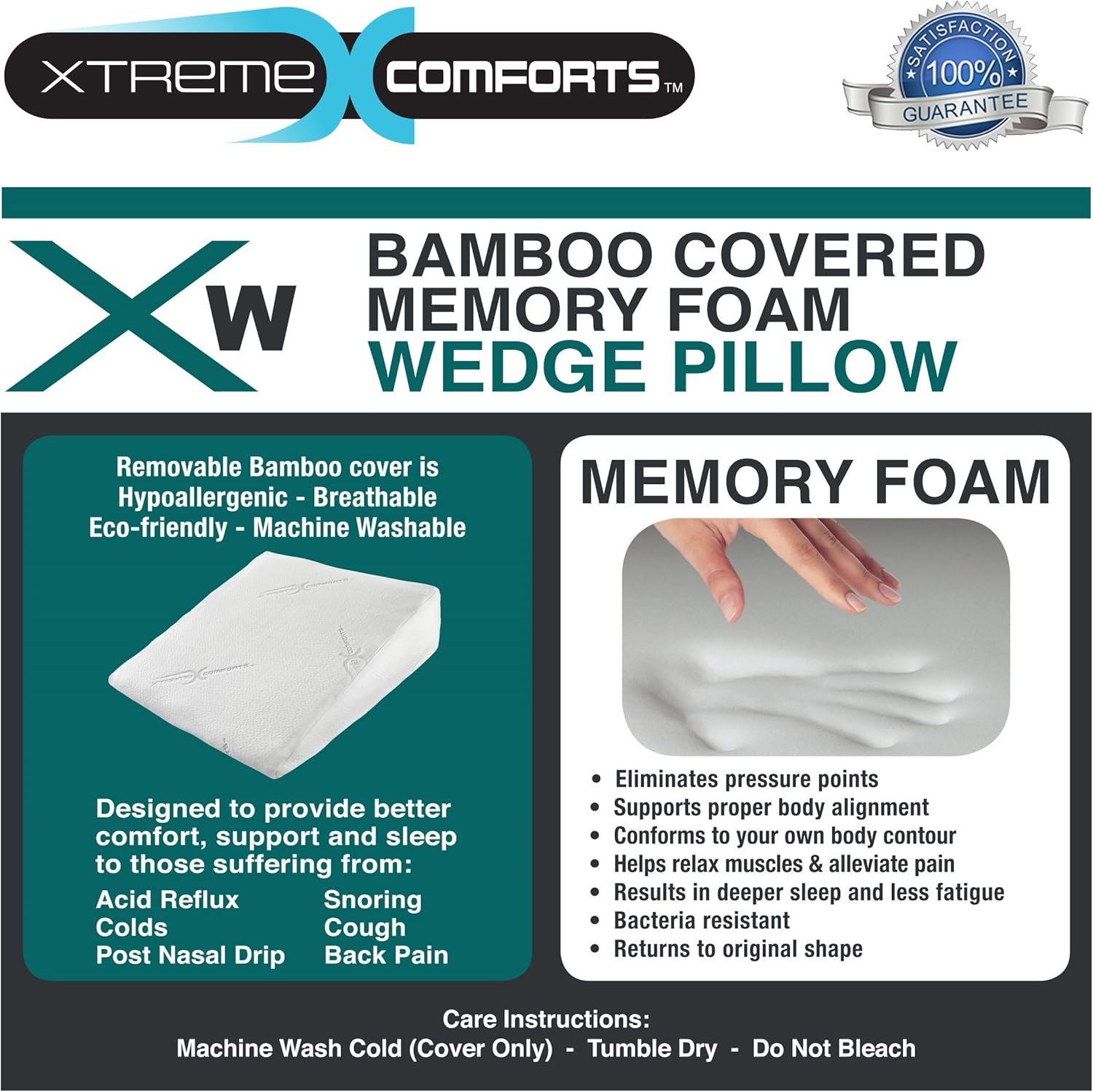 Xtreme Comforts 7" Memory Foam Bed Wedge Pillow, Hypoallergenic Breathable, Washable Bamboo Cover, Elevated Support Cushion, Acid Reflux, Lower Back Pain, Heartburn, Snoring, Allergies: Home & Kitchen