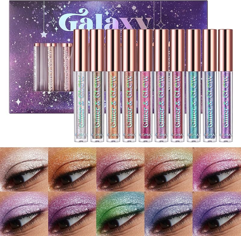 LANGMANNI 10 Pcs Liquid Glitter Eyeshadow Set Matte Pressed Pigmented Palette
