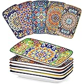 vancasso Simi 9.5 Inch Rectangular Dinner Plates Set of 6 - Bohemian Floral Design in 6 Vibrant Colors, Microwave & Dishwasher Safe Porcelain Plates for Salad, Appetizers, Entertaining