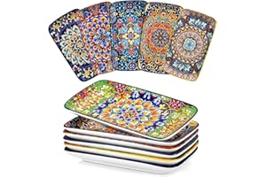 vancasso Simi 9.5 Inch Rectangular Dinner Plates Set of 6 - Bohemian Floral Design in 6 Vibrant Colors, Microwave & Dishwashe