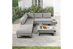 DWVO Patio Furniture Set, Sectional L-Shaped Sofa, for Patio Backyard Poolside Porch, Wicker Conversation Set with Coffee Table & Cushions, Detachable Lounger, All-Weather Rattan, Grey