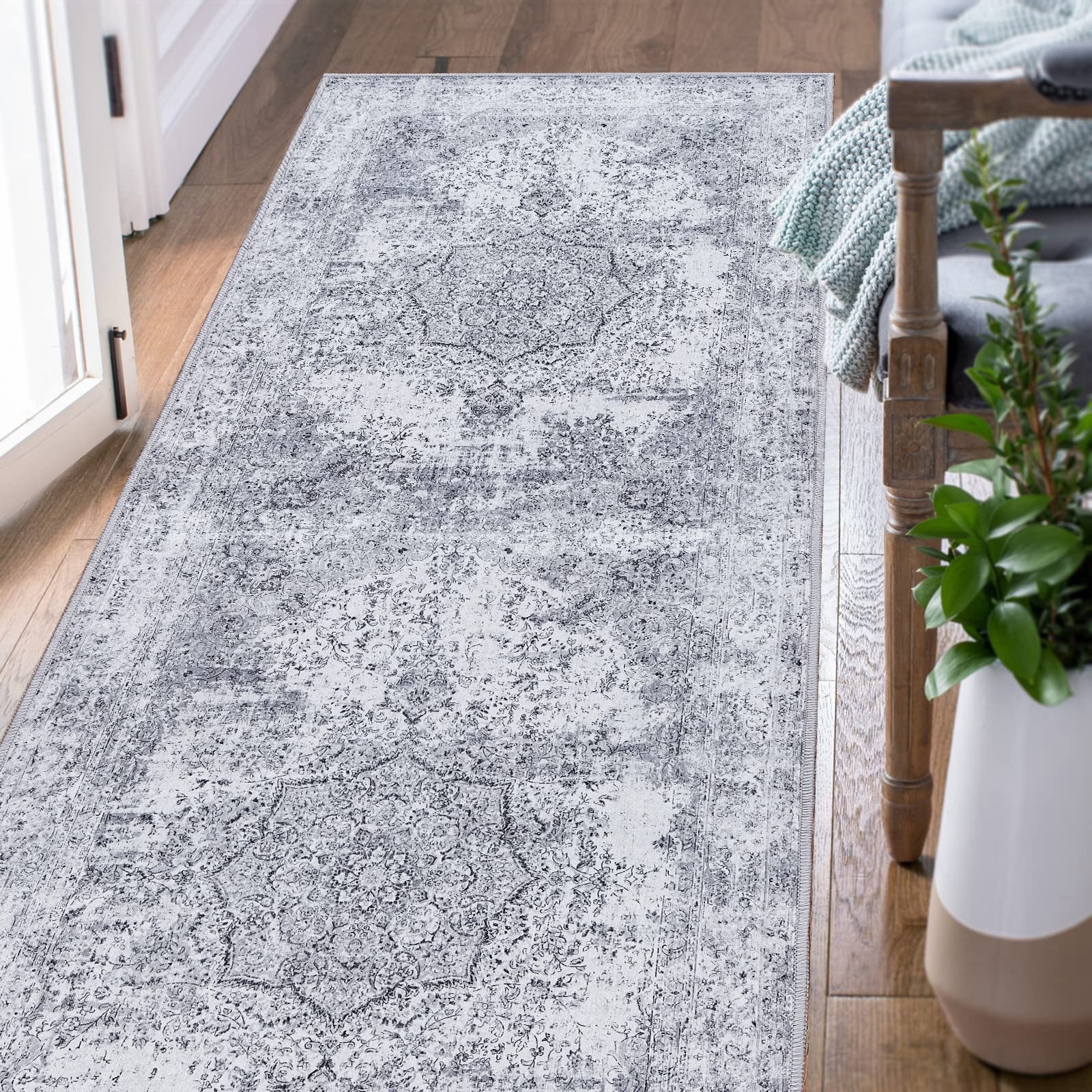 TOPICK Runner Rug Hallway Runner Washable Floral Grey Kitchen Rug Lightweight Non Slip Carpet for Bathroom Bedroom Entrance 60x210cm